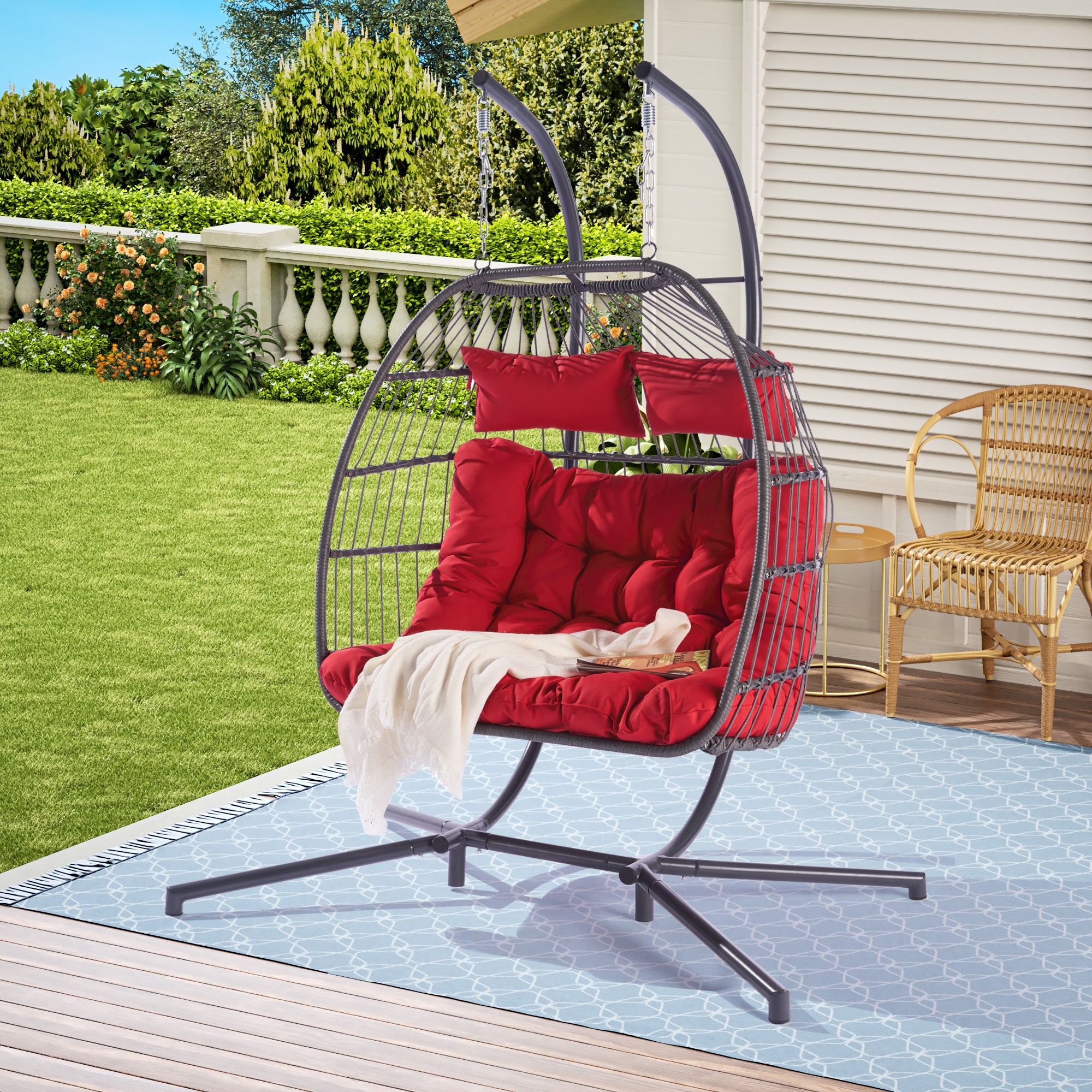 2 Person Outdoor Rattan Hanging Chair Patio Wicker Egg Chair Yes Sectional Red Uv Resistant Frame Water Resistant Cushion Garden & Outdoor American Design 2 Person Seating Group Polyester Rattan