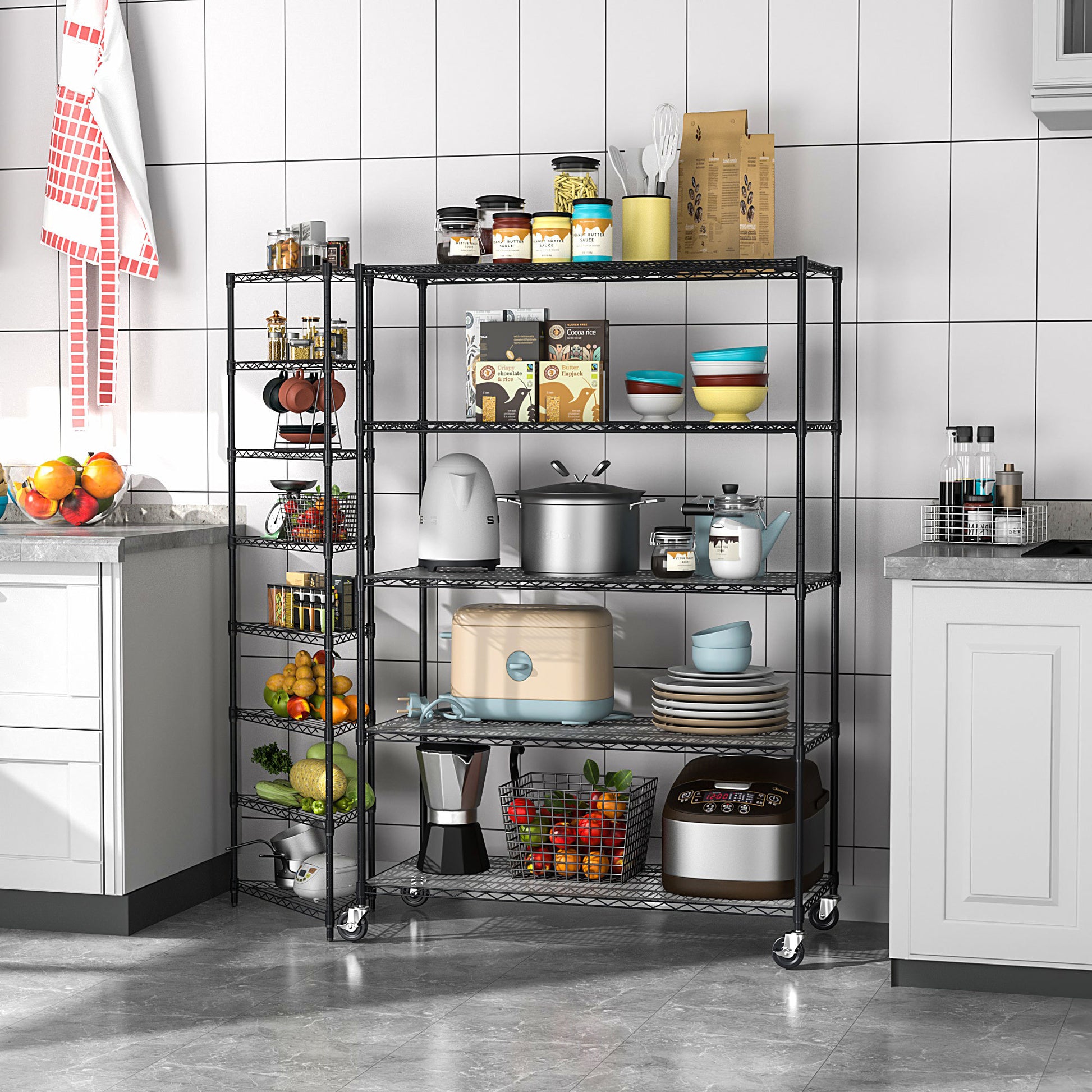 5 Tier 6000Lbs Heavy Duty Adjustable Storage Rack Metal Shelf Wire Shelving Unit With Wheels & Shelf Liners 82" H X 48" L X 24" D Black Black Iron Plastic