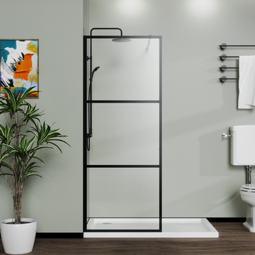 Goodyo 34" Shower Screen Door Walk In Wet Room, Black, 3 Panel Style Black Tempered Glass