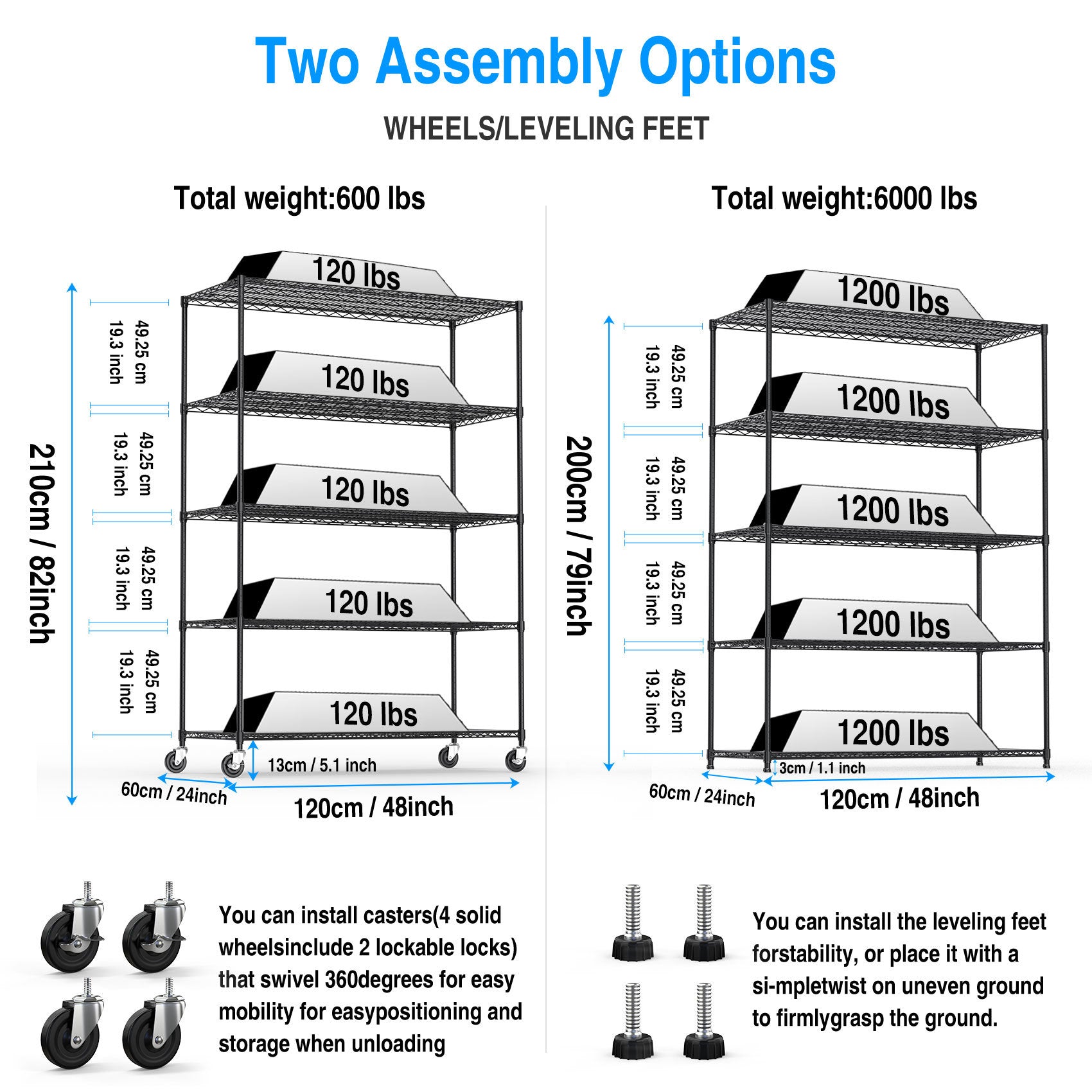 5 Tier 6000Lbs Heavy Duty Adjustable Storage Rack Metal Shelf Wire Shelving Unit With Wheels & Shelf Liners 82" H X 48" L X 24" D Black Black Iron Plastic