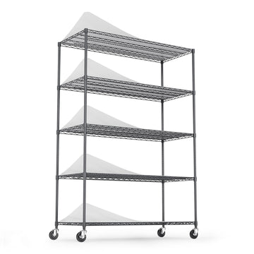 5 Tier 6000Lbs Heavy Duty Adjustable Storage Rack Metal Shelf Wire Shelving Unit With Wheels & Shelf Liners 82" H X 48" L X 24" D Black Black Iron Plastic