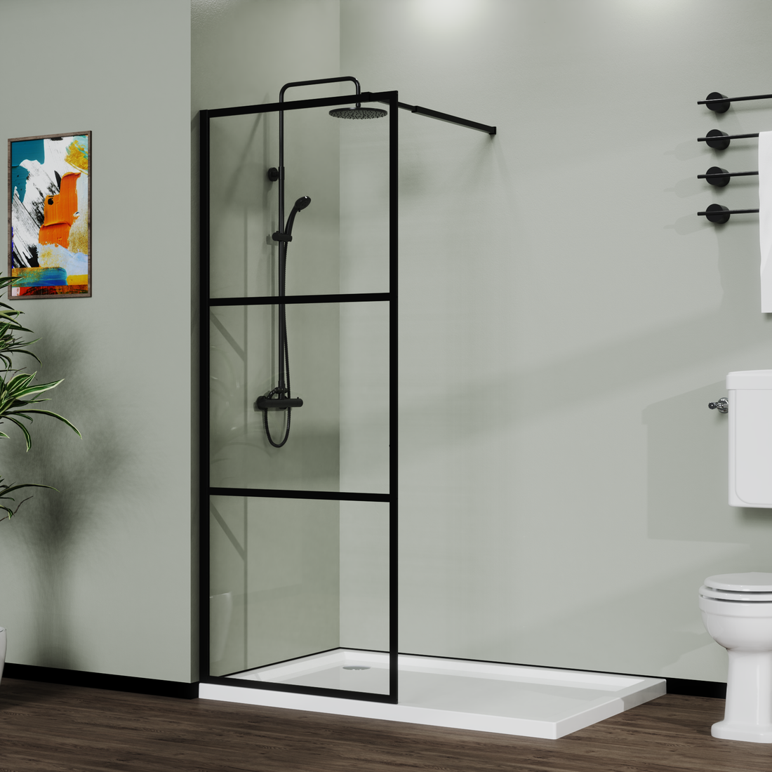 Goodyo 34" Shower Screen Door Walk In Wet Room, Black, 3 Panel Style Black Tempered Glass