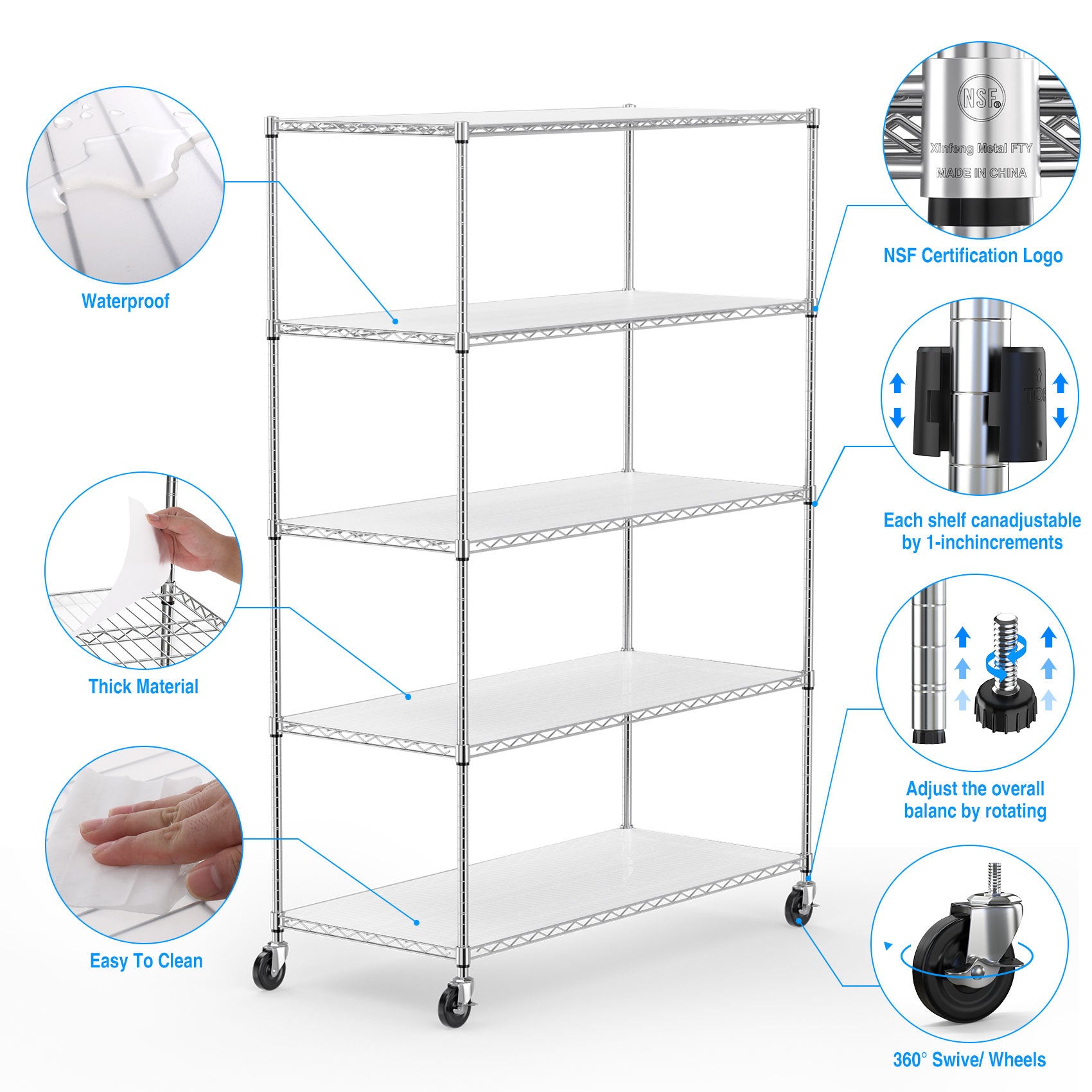 5 Tier 6000Lbs Heavy Duty Adjustable Storage Rack Metal Shelf Wire Shelving Unit With Wheels & Shelf Liners 82" H X 48" L X 24" D Chrome Chrome Iron Plastic