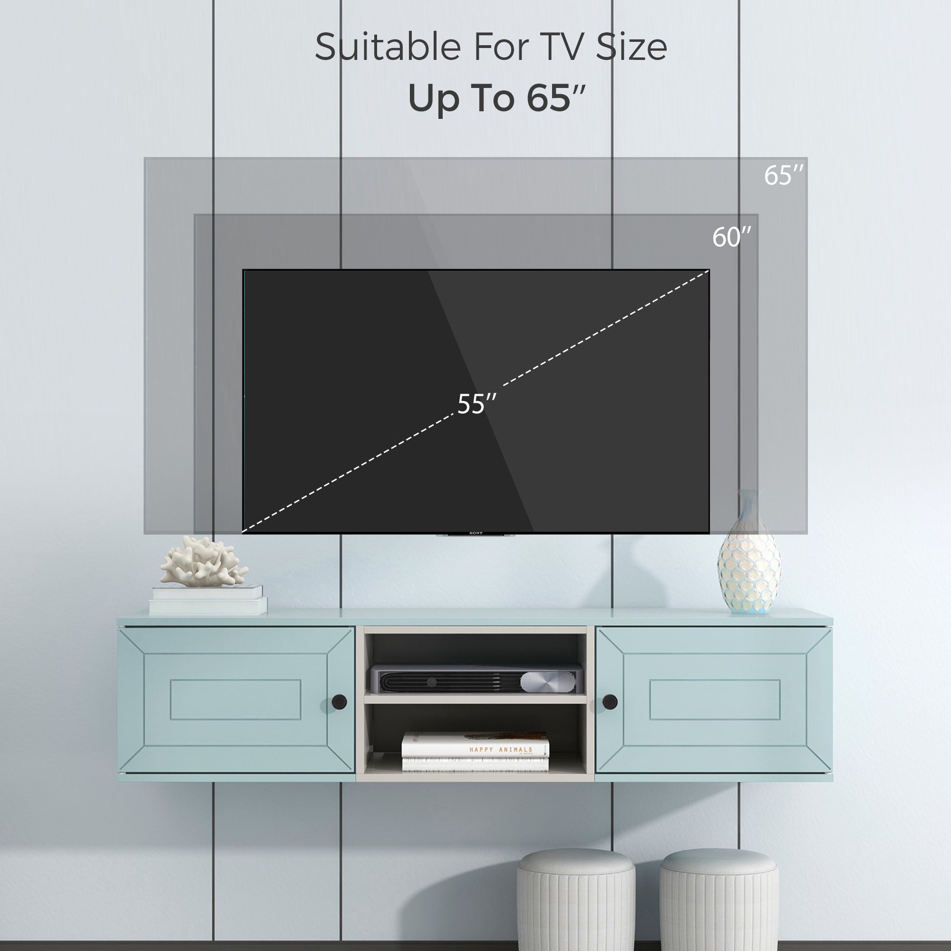 Wall Mounted 65" Floating Tv Stand With Large Storage Space, 3 Levels Adjustable Shelves, Magnetic Cabinet Door, Cable Management Blue Mdf