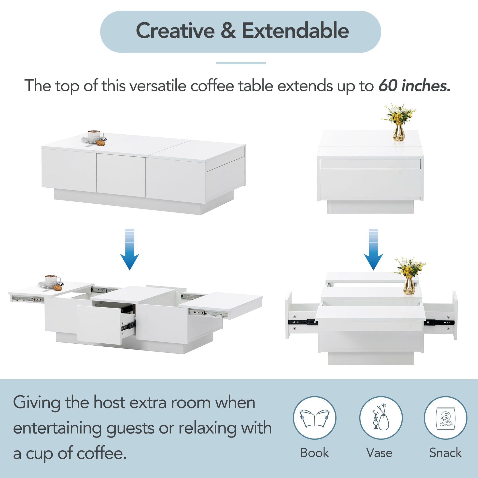 Coffee Table With 2 Large Hidden Storage Compartment, Extendable Cocktail Table With 2 Drawers, High Gloss Center Table With Sliding Top For Living Room, 39.3"X21.6", White White Soft Close Drawers Primary Living Space Modern Freestanding Rectangular