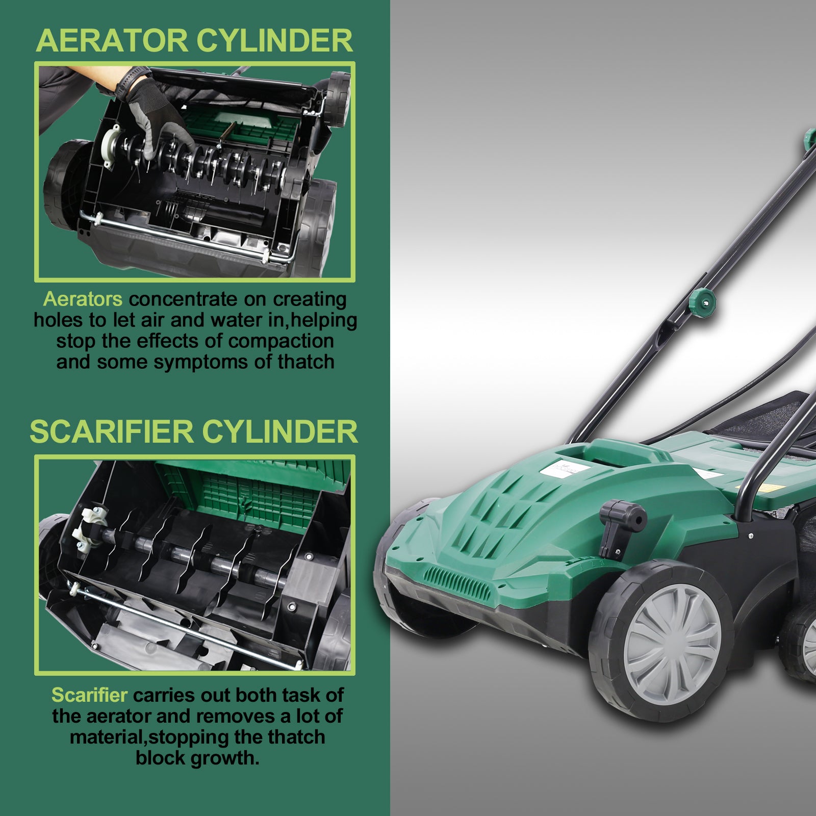 Garden Scarifier, 2 In 1 13Inch Dethatcher Scarifier,12 Amp Electric Lawn Dethatcher,Removable Collection Bag Extra Large 31.7Qt Green Metal
