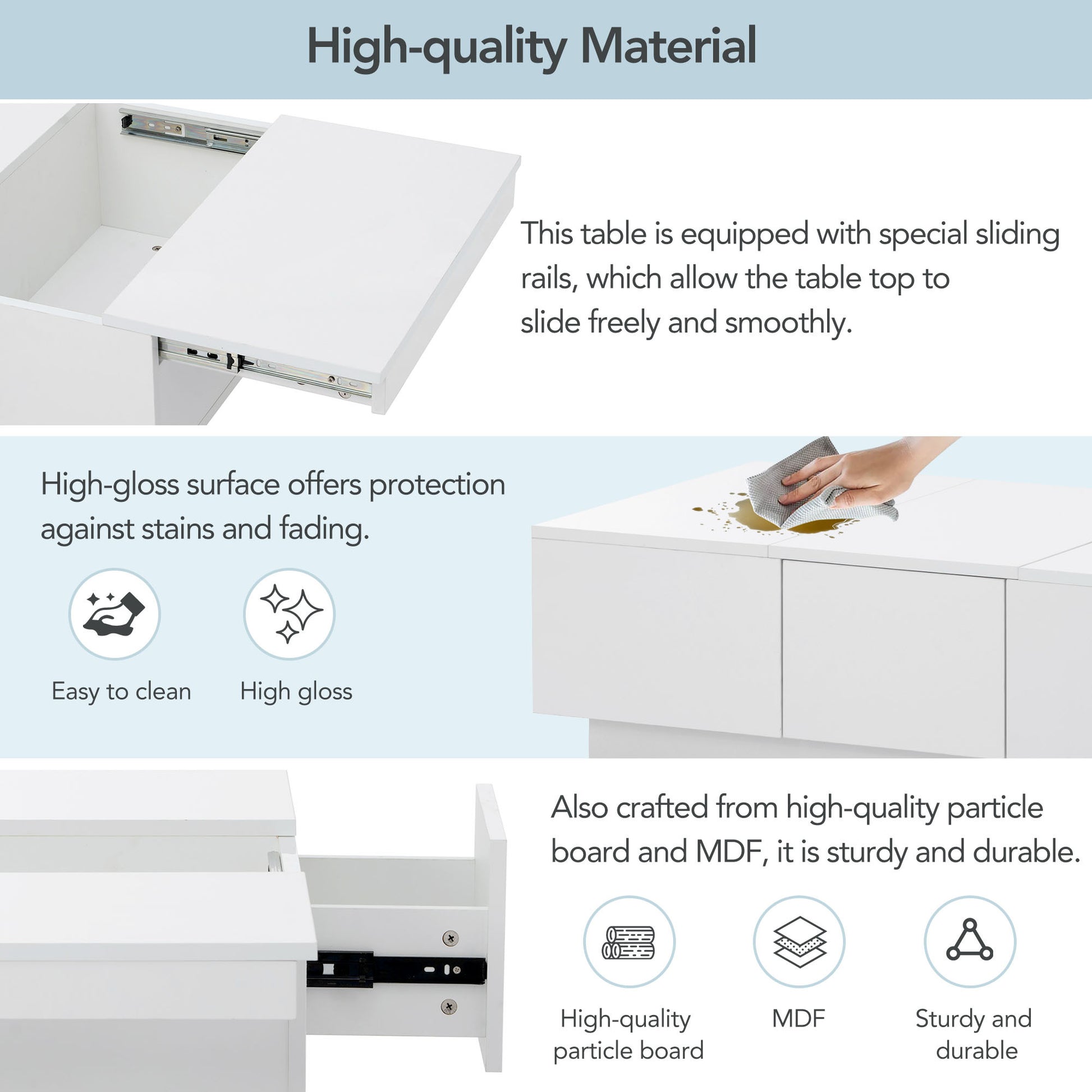 Coffee Table With 2 Large Hidden Storage Compartment, Extendable Cocktail Table With 2 Drawers, High Gloss Center Table With Sliding Top For Living Room, 39.3"X21.6", White White Soft Close Drawers Primary Living Space Modern Freestanding Rectangular