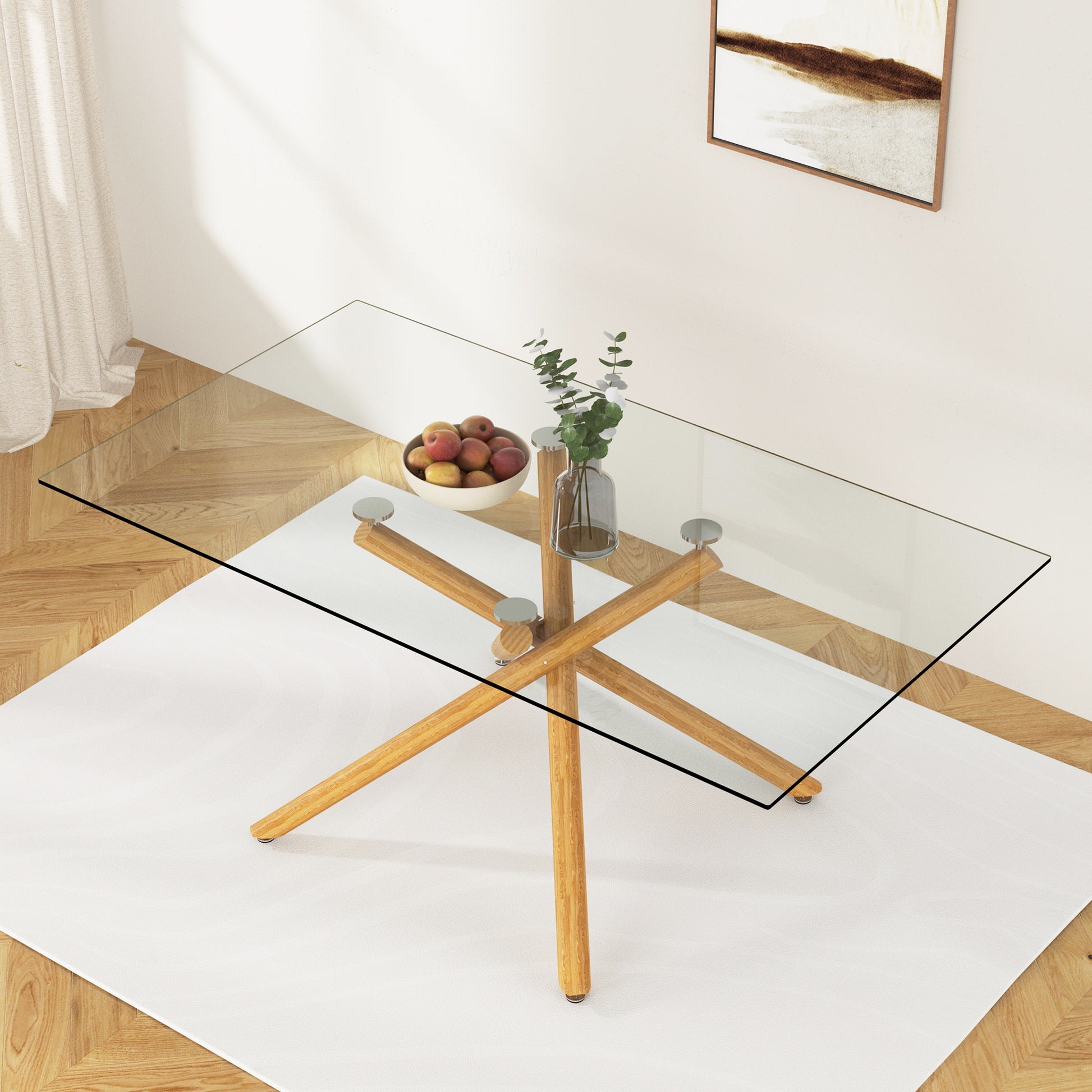 Large Modern Minimalist Rectangular Glass Dining Table For 6 8 With 0.39" Tempered Glass Tabletop And Wood Color Metal Legs, For Kitchen Dining Living Meeting Room Banquet Hall Transparent Glass
