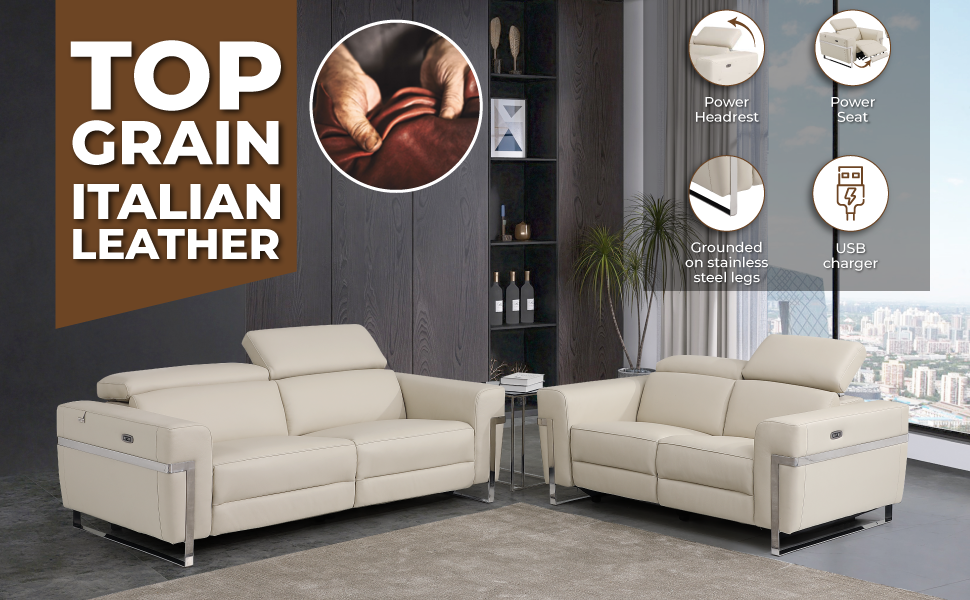 Top Grain Italian Leather Loveseat With Power Recliner Beige Foam Leather