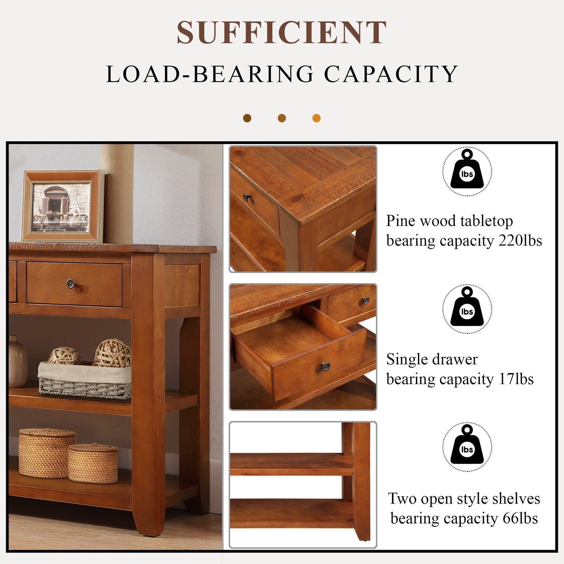 48'' Solid Pine Wood Top Console Table, Modern Entryway Sofa Side Table With 3 Storage Drawers And 2 Shelves. Easy To Assemble Brown Brown Pine