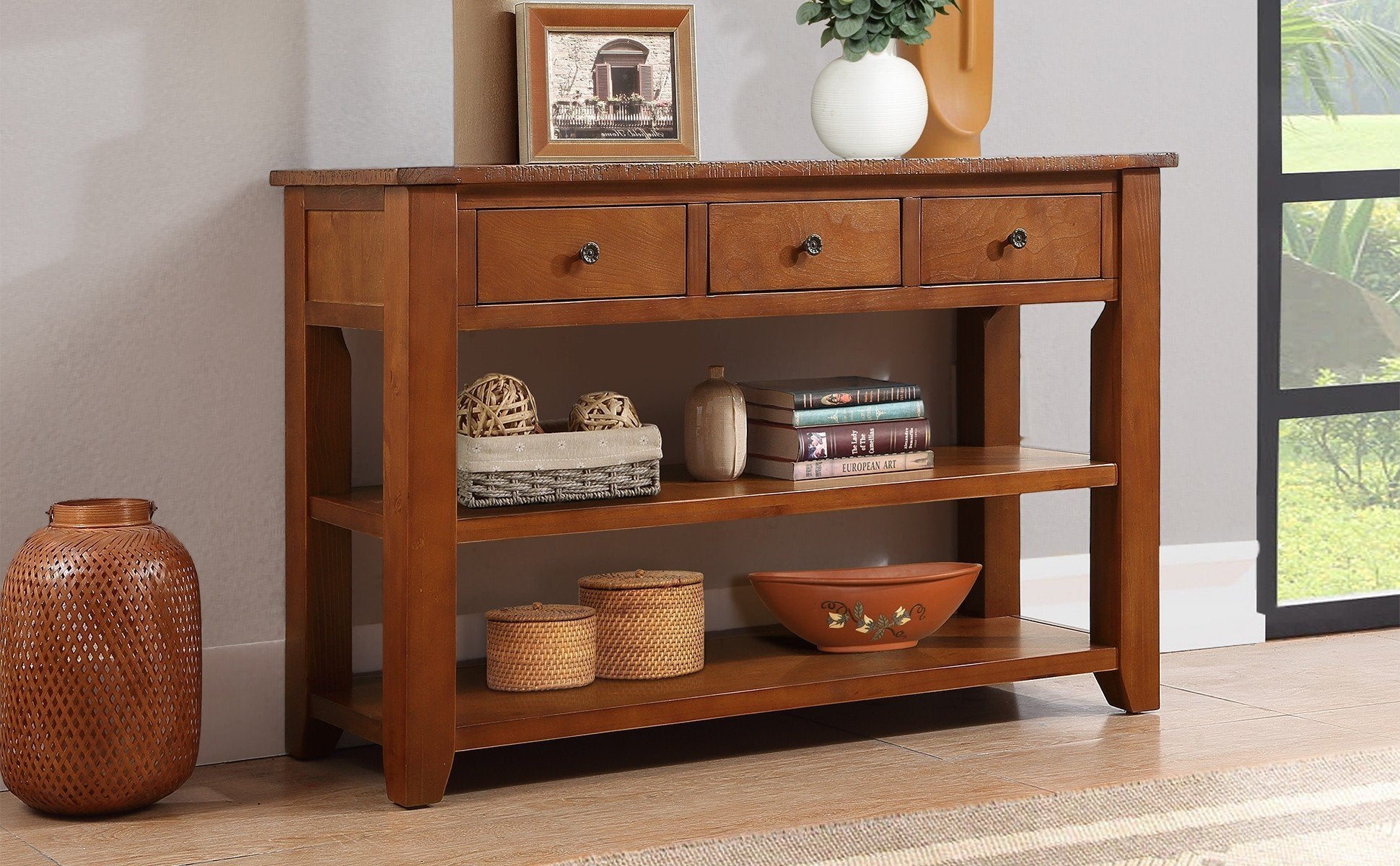 48'' Solid Pine Wood Top Console Table, Modern Entryway Sofa Side Table With 3 Storage Drawers And 2 Shelves. Easy To Assemble Brown Brown Pine