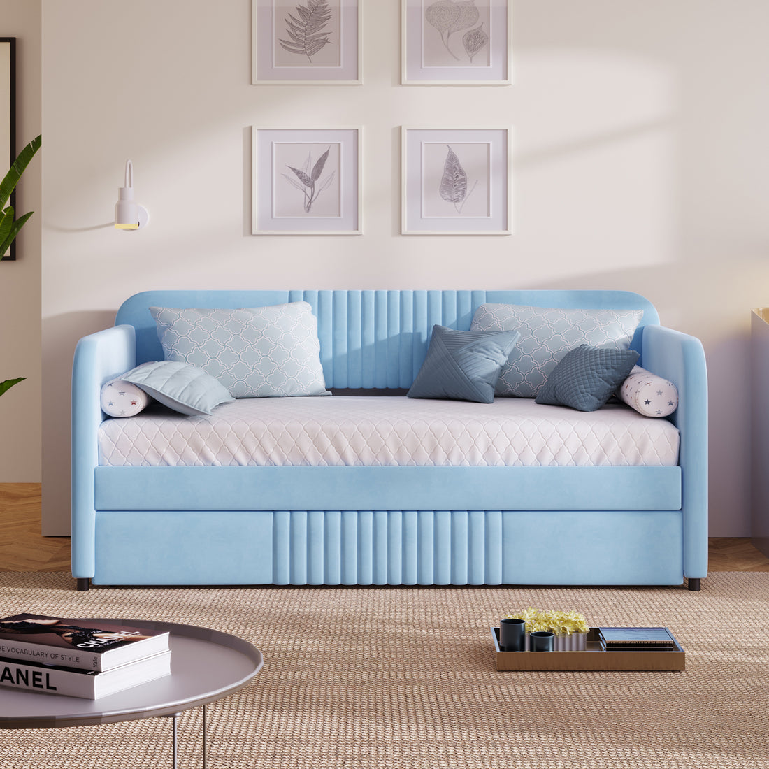 Upholstered Daybed Sofa Bed Twin Size With Trundle Bed And Wood Slat, Light Blue Light Blue Upholstered