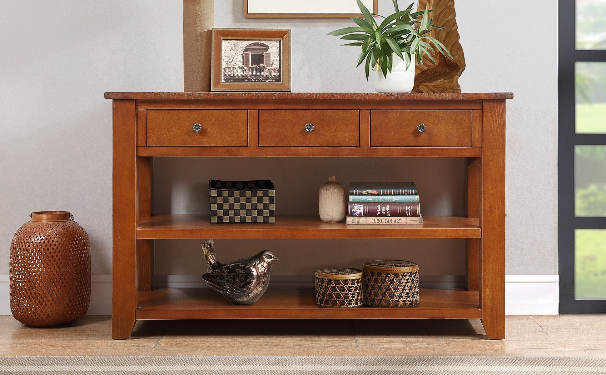 48'' Solid Pine Wood Top Console Table, Modern Entryway Sofa Side Table With 3 Storage Drawers And 2 Shelves. Easy To Assemble Brown Brown Pine