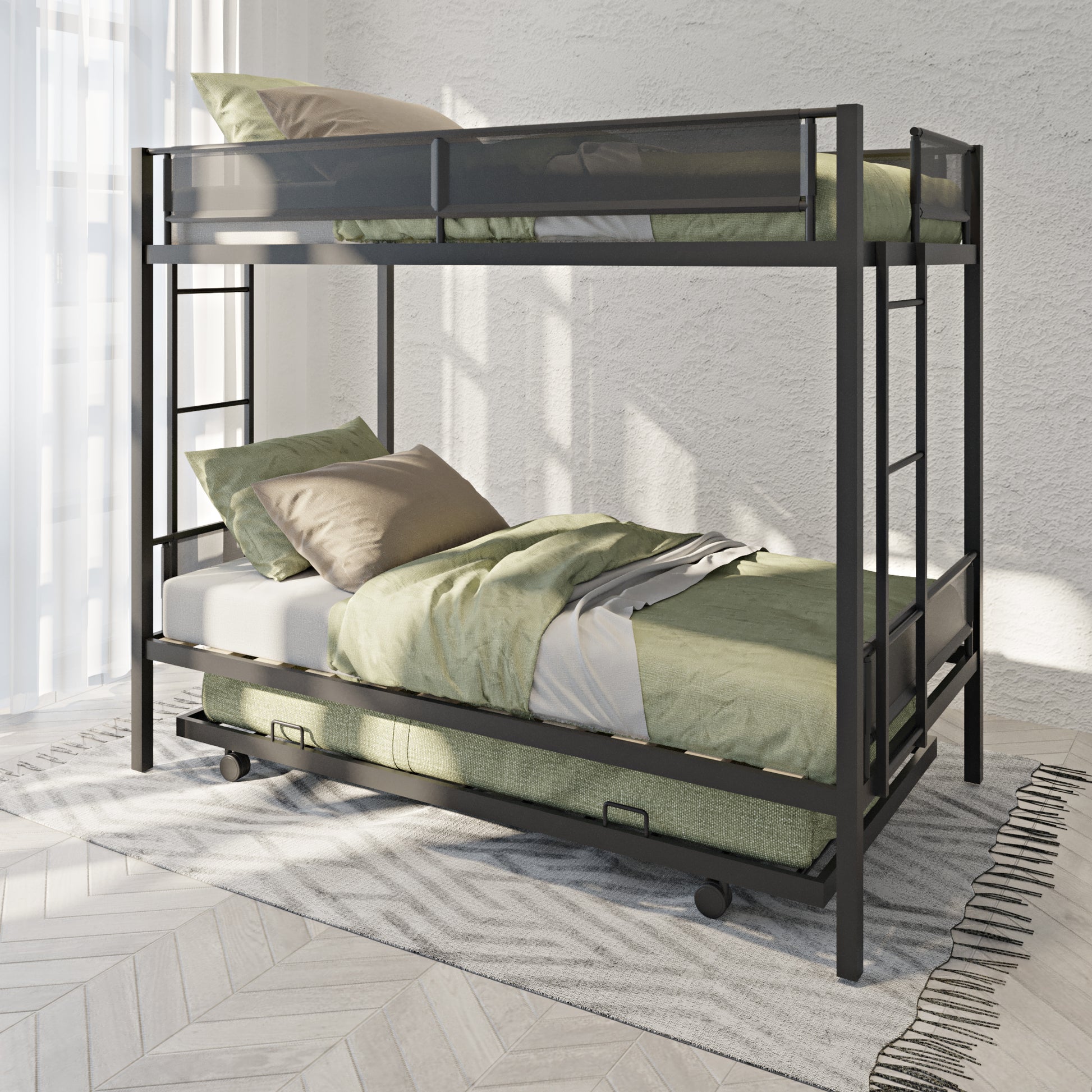 Metal Twin Over Twin Bunk Bed With Trundle Sturdy Metal Frame Noise Free Wood Slats Comfortable Textilene Guardrail 2 Side Ladders Space Saving Trundle Bunk Bed For Three No Box Spring Needed Black Metal