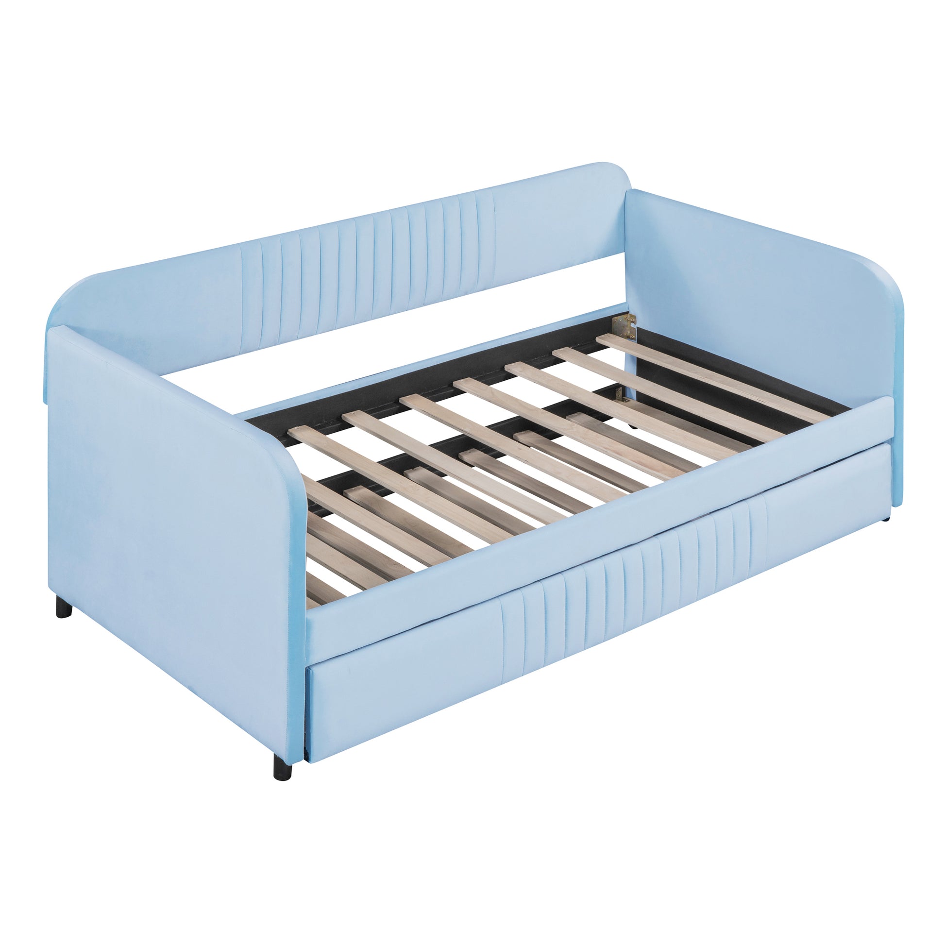 Upholstered Daybed Sofa Bed Twin Size With Trundle Bed And Wood Slat, Light Blue Light Blue Upholstered