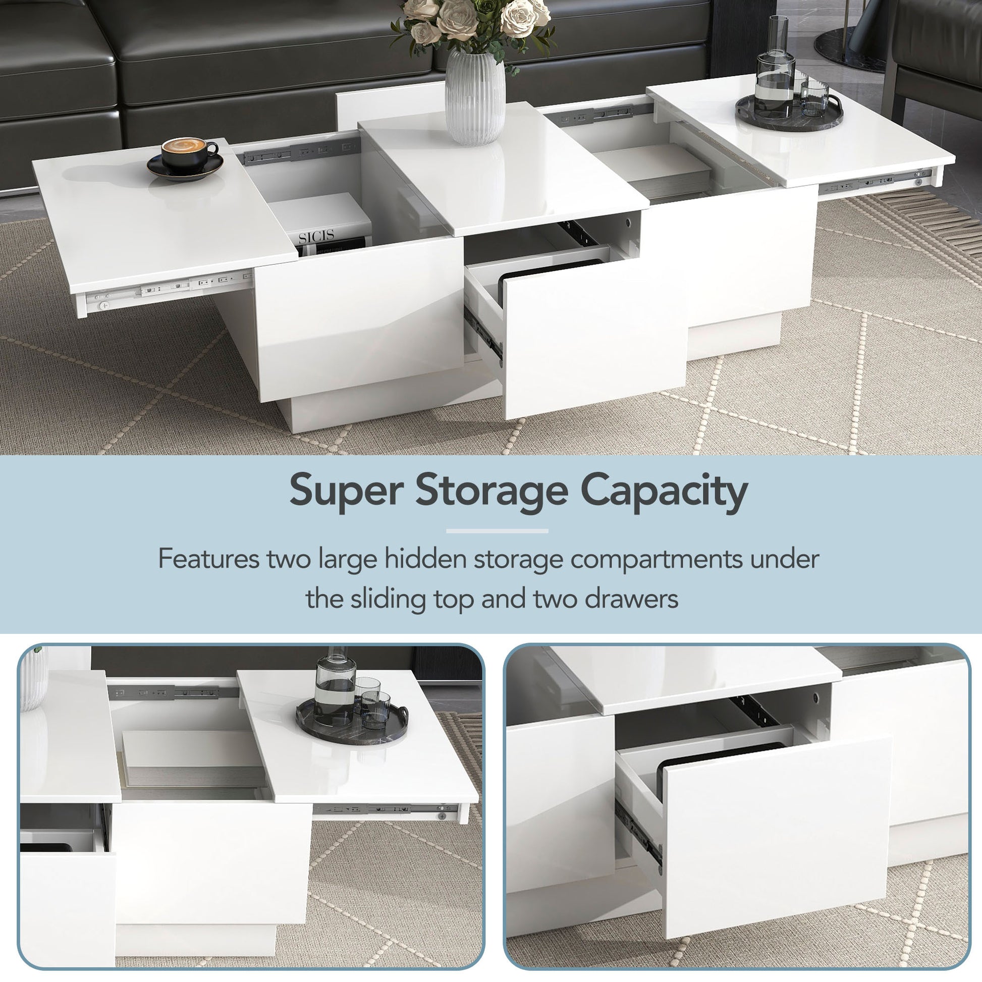 Coffee Table With 2 Large Hidden Storage Compartment, Extendable Cocktail Table With 2 Drawers, High Gloss Center Table With Sliding Top For Living Room, 39.3"X21.6", White White Soft Close Drawers Primary Living Space Modern Freestanding Rectangular