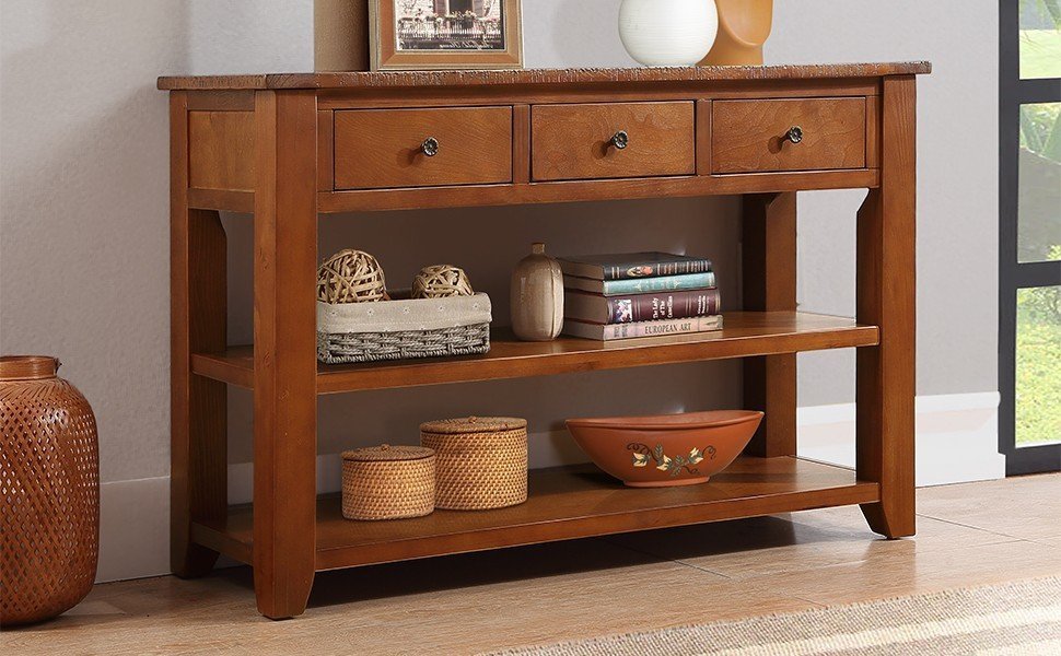 48'' Solid Pine Wood Top Console Table, Modern Entryway Sofa Side Table With 3 Storage Drawers And 2 Shelves. Easy To Assemble Brown Brown Pine