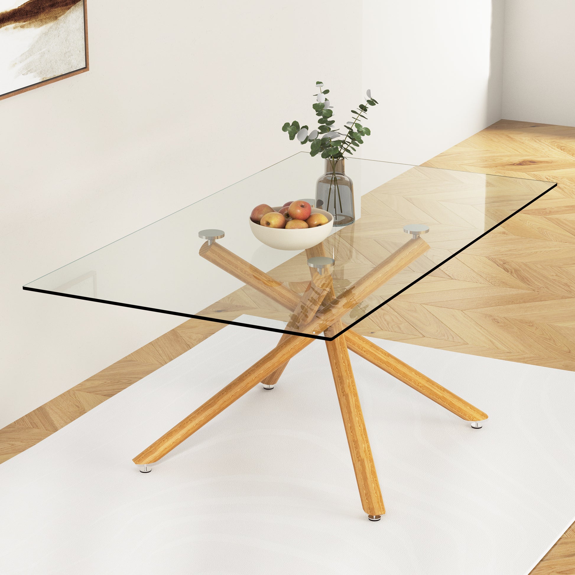 Large Modern Minimalist Rectangular Glass Dining Table For 6 8 With 0.39" Tempered Glass Tabletop And Wood Color Metal Legs, For Kitchen Dining Living Meeting Room Banquet Hall, 71" W X 39" D X 301537 Transparent Glass