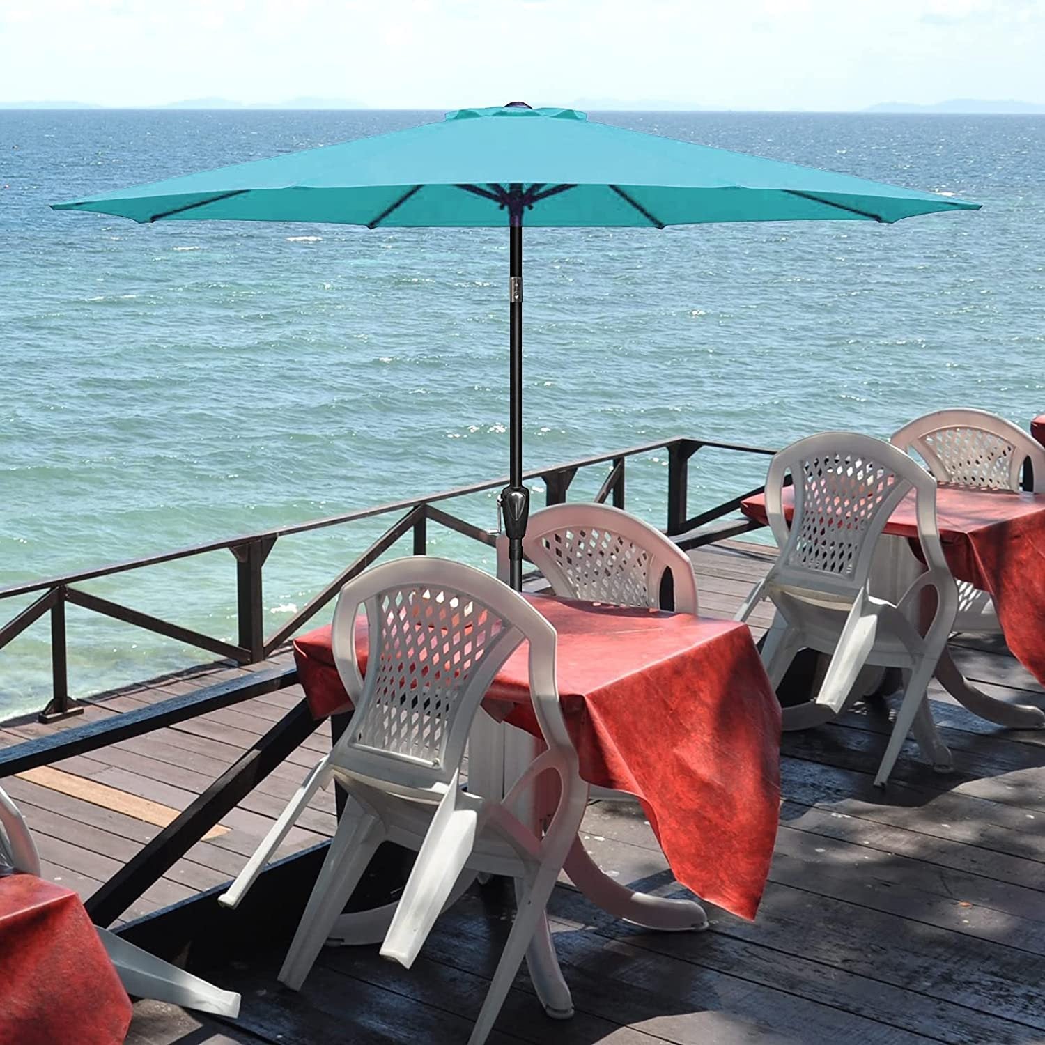 Simple Deluxe 9' Patio Umbrella Outdoor Table Market Yard Umbrella With Push Button Tilt Crank, 8 Sturdy Ribs For Garden, Deck, Backyard, Pool, Turquoise Turquoise Stainless Steel