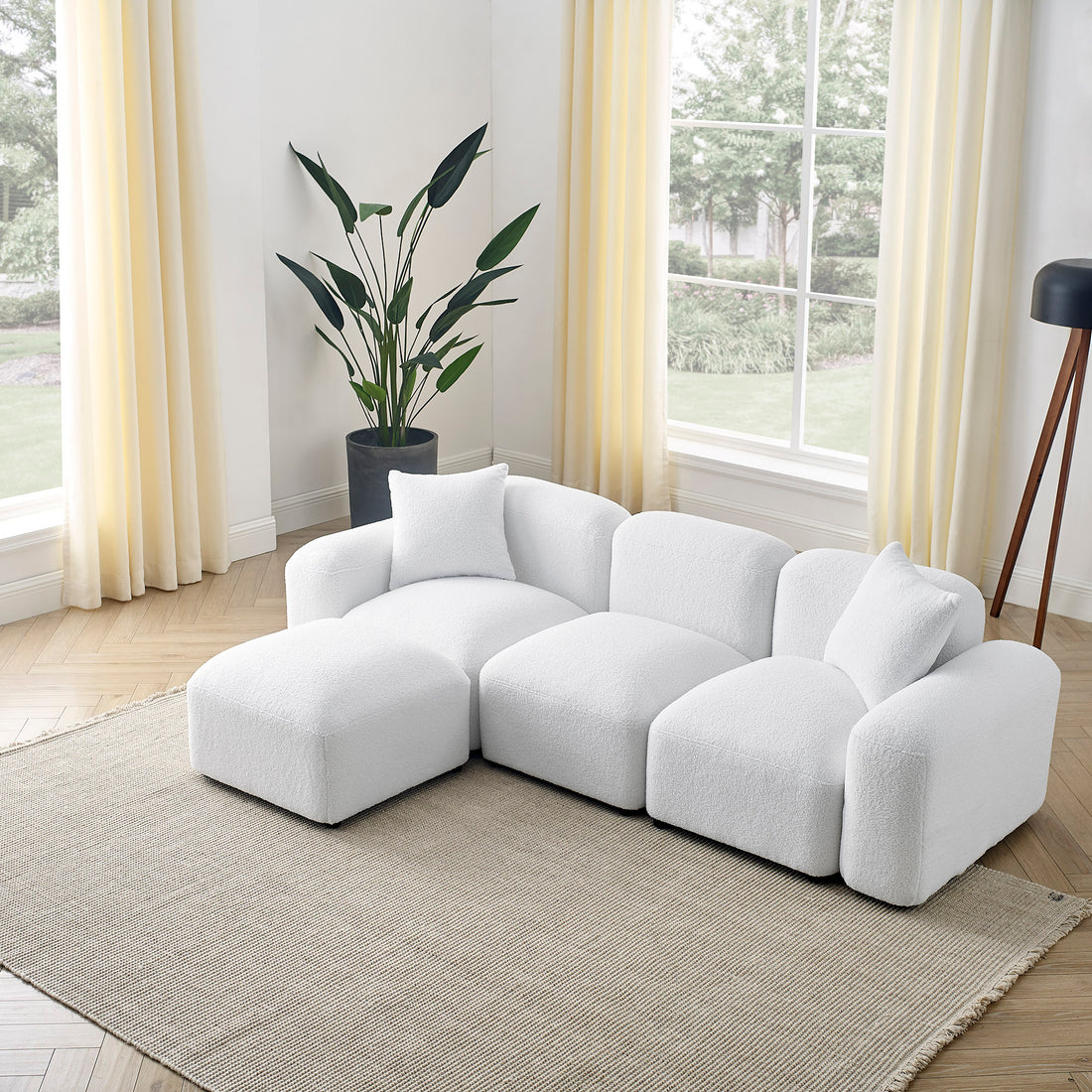 L Shape Modular Sectional Sofa, Diy Combination,Teddy Fabric,White White Teddy Foam