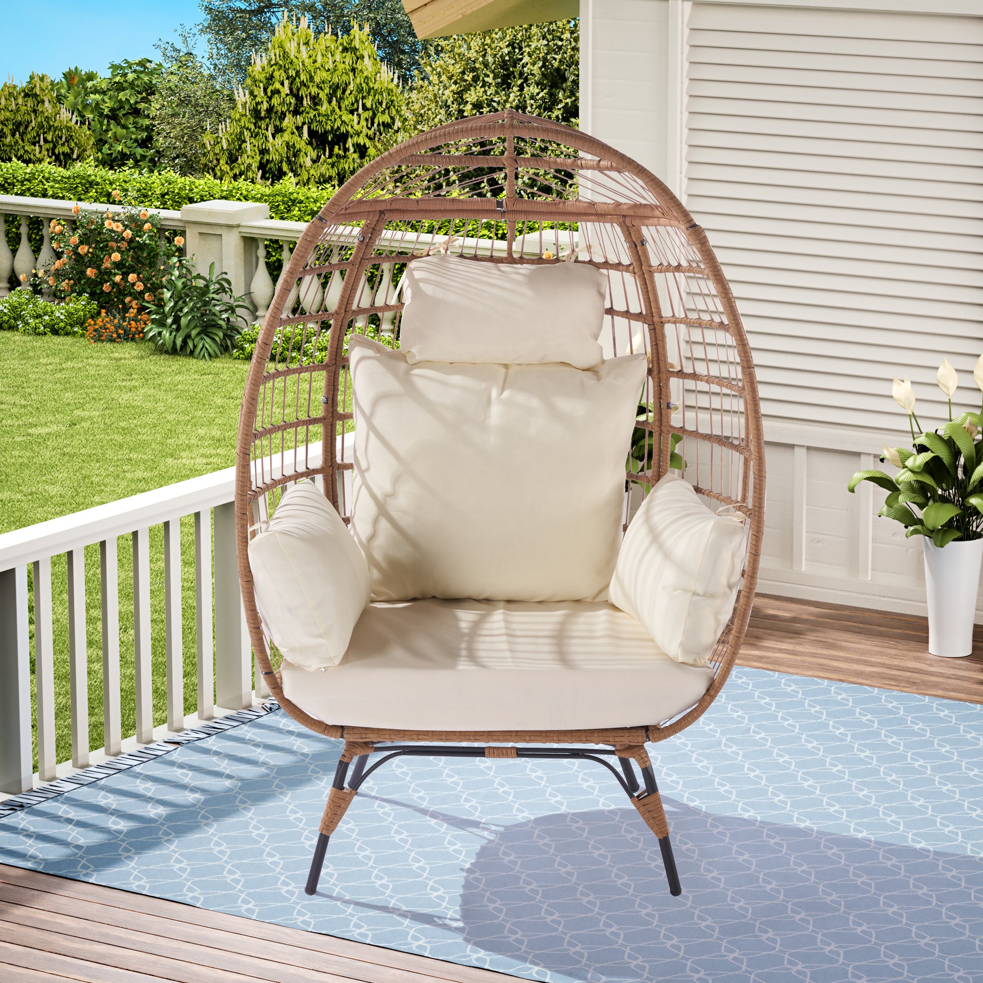 Wicker Egg Chair, Oversized Indoor Outdoor Lounger For Patio, Backyard, Living Room W 5 Cushions, Steel Frame, Beige Yes Complete Patio Set Beige Uv Resistant Frame Water Resistant Cushion Garden & Outdoor American Design Complete Patio Sets