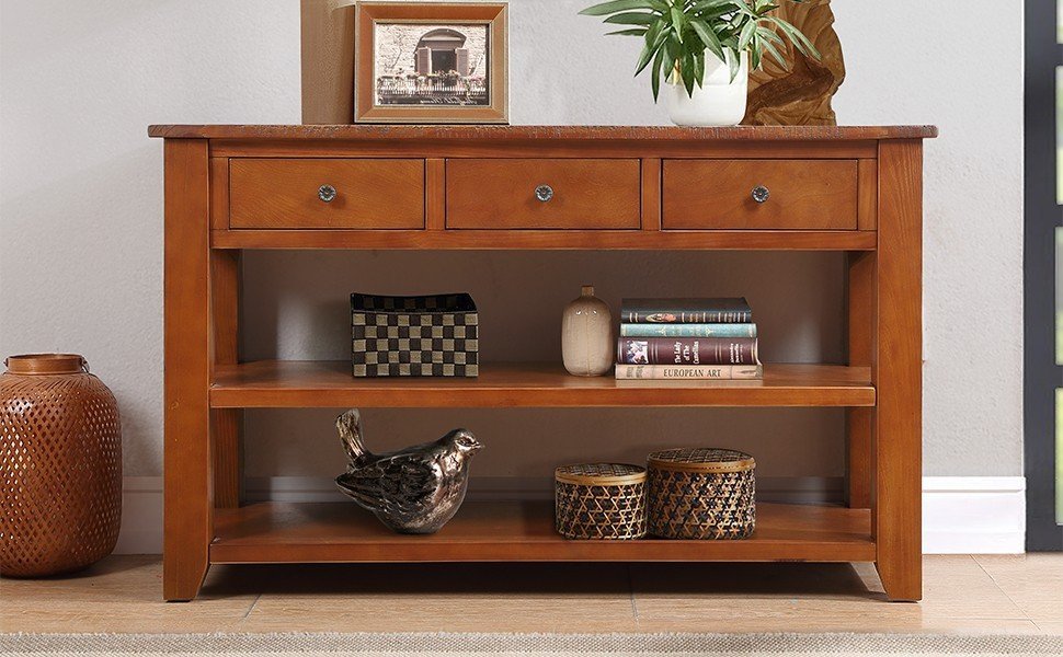 48'' Solid Pine Wood Top Console Table, Modern Entryway Sofa Side Table With 3 Storage Drawers And 2 Shelves. Easy To Assemble Brown Brown Pine