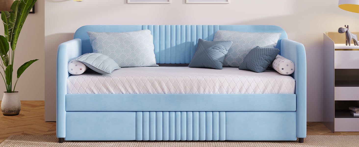 Upholstered Daybed Sofa Bed Twin Size With Trundle Bed And Wood Slat, Light Blue Light Blue Upholstered