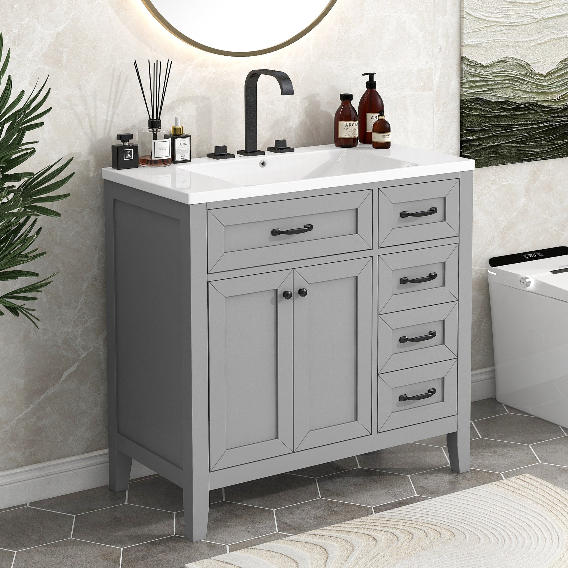 36" Bathroom Vanity With Sink Combo, Bathroom Cabinet With Drawers, Solid Frame And Mdf Board, Grey Grey Solid Wood Mdf