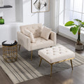 36.61'' Wide Modern Accent Chair With 3 Positions Adjustable Backrest, Tufted Chaise Lounge Chair, Single Recliner Armchair With Ottoman And Gold Legs For Living Room, Bedroom Beige Beige Foam Velvet