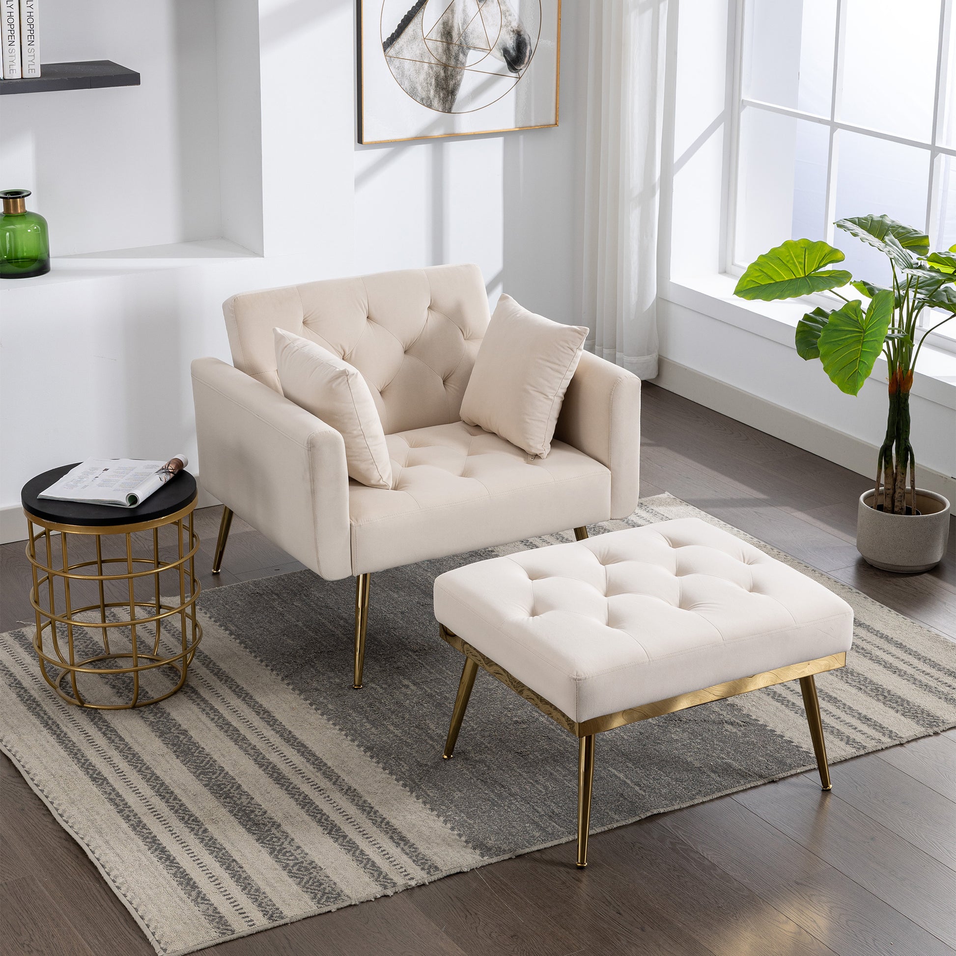 36.61'' Wide Modern Accent Chair With 3 Positions Adjustable Backrest, Tufted Chaise Lounge Chair, Single Recliner Armchair With Ottoman And Gold Legs For Living Room, Bedroom Beige Beige Foam Velvet