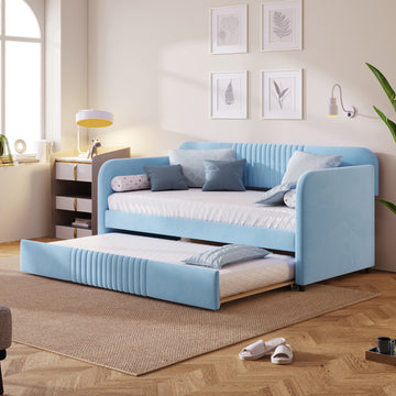 Upholstered Daybed Sofa Bed Twin Size With Trundle Bed And Wood Slat, Light Blue Light Blue Upholstered