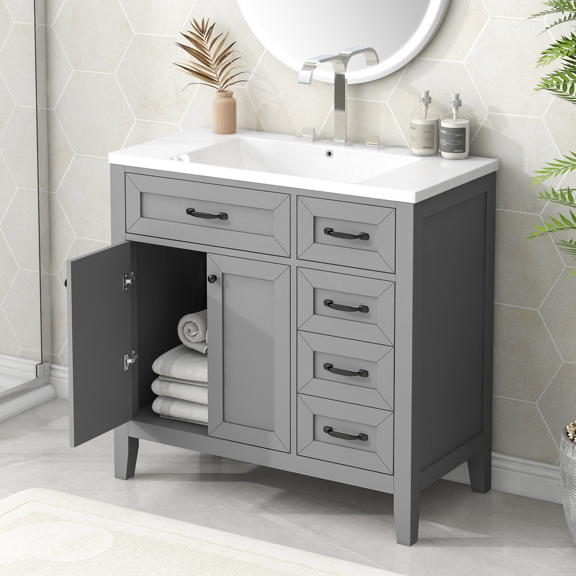 36" Bathroom Vanity With Sink Combo, Bathroom Cabinet With Drawers, Solid Frame And Mdf Board, Grey Grey Solid Wood Mdf