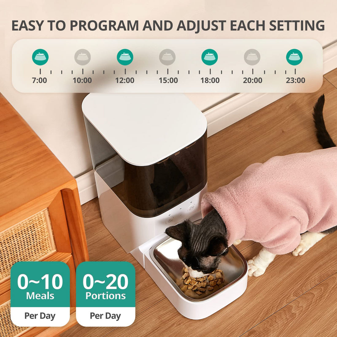 Automatic Cat Feeder, Timed Cat Feeder With App Control, Dog Food Dispenser With Stainless Steel & Lock Lid, Up To 20 Portions 10 Meals Per Day, 30S Voice Recorder, 4L Programmable Pet Feeder White Stainless Steel