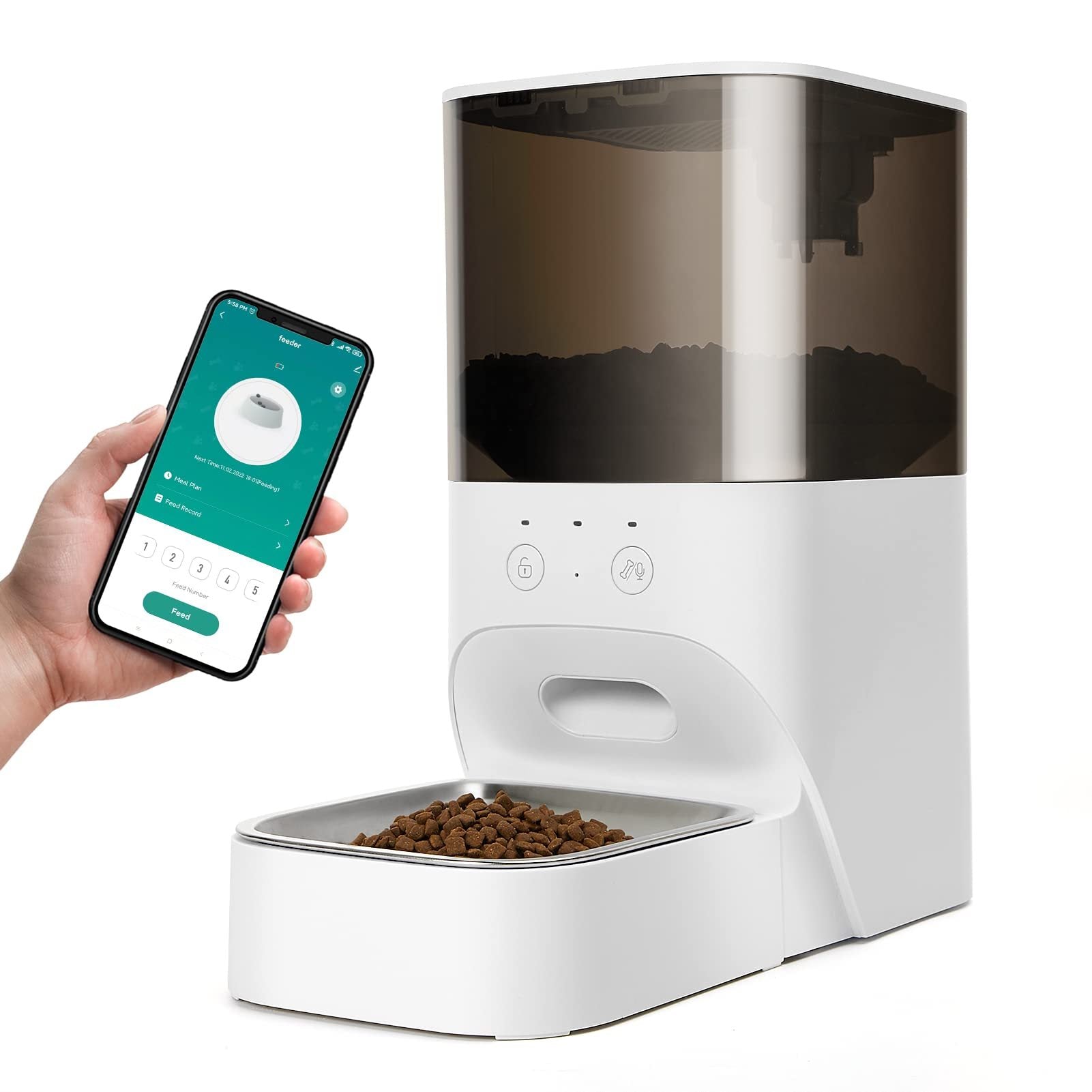 Automatic Cat Feeder, Timed Cat Feeder With App Control, Dog Food Dispenser With Stainless Steel & Lock Lid, Up To 20 Portions 10 Meals Per Day, 30S Voice Recorder, 4L Programmable Pet Feeder White Stainless Steel