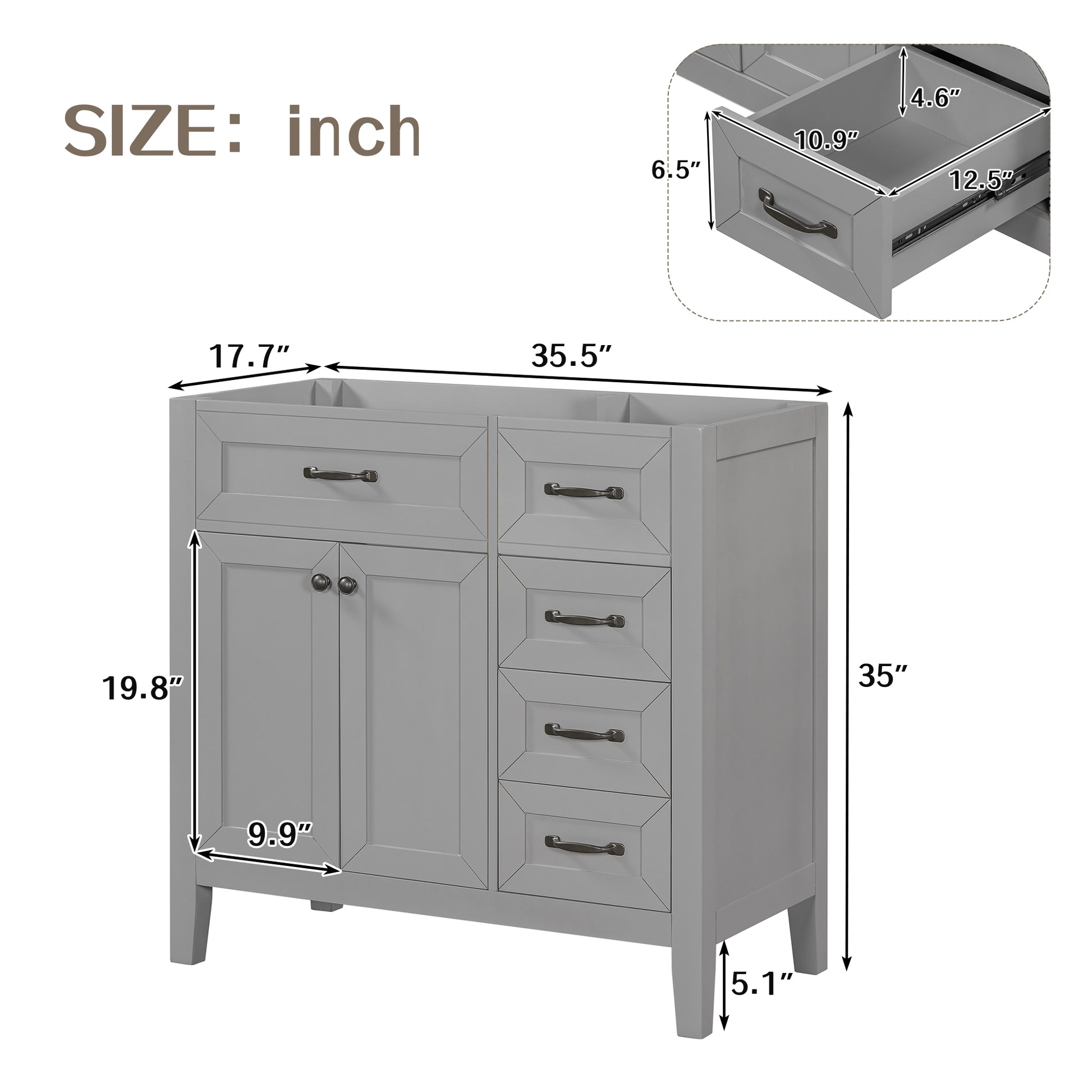 36" Bathroom Vanity Without Sink, Cabinet Base Only, Bathroom Cabinet With Drawers, Solid Frame And Mdf Board, Grey Grey Solid Wood Mdf