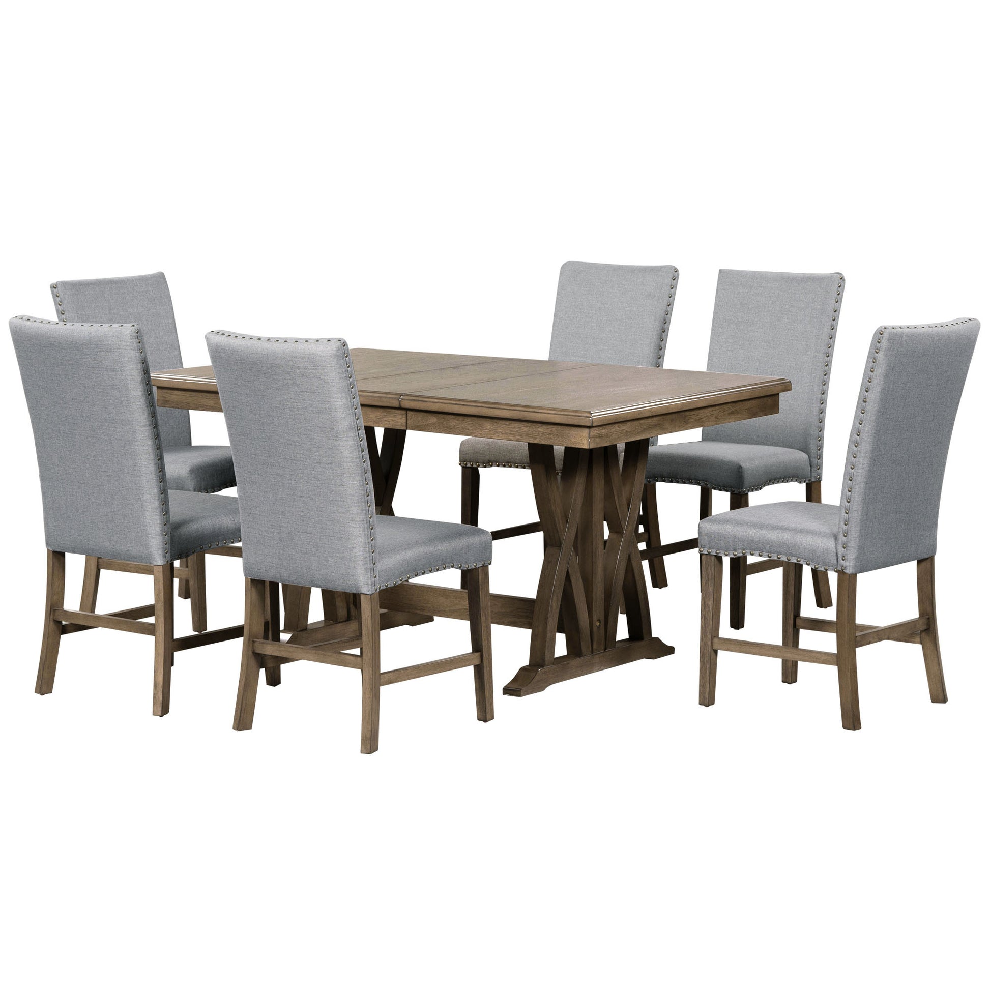 Mid Century Solid Wood 7 Piece Dining Table Set Extendable Kitchen Table Set With Upholstered Chairs And 12" Leaf For 6, Golden Brown Gray Cushion Brown Wood Dining Room Solid Wood Rubberwood Rectangular Dining Table With Chair Upholstered Chair Wood