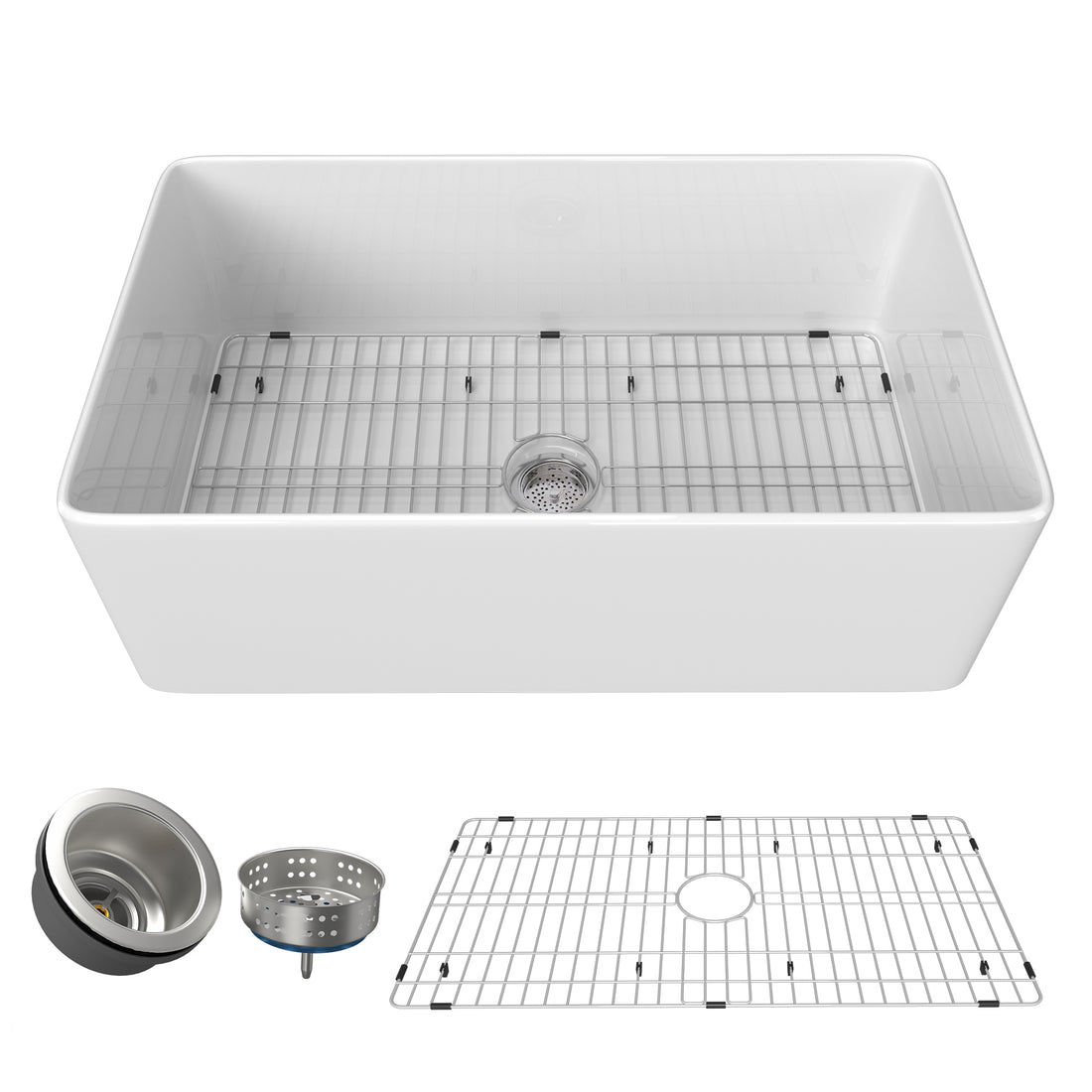 36 Inch Fireclay Farmhouse Kitchen Sink White Single Bowl Apron Front Kitchen Sink, Bottom Grid And Kitchen Sink Drain Included Natural Kitchen Modern Fireclay