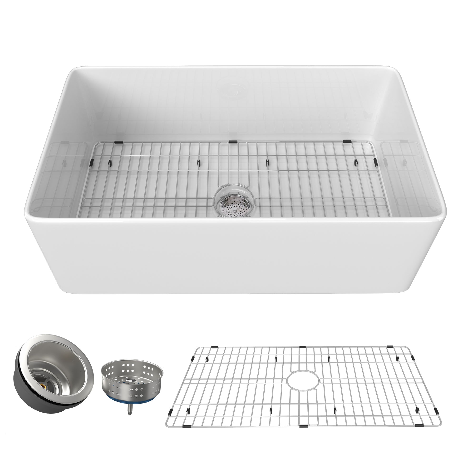 36 Inch Fireclay Farmhouse Kitchen Sink White Single Bowl Apron Front Kitchen Sink, Bottom Grid And Kitchen Sink Drain Included Natural Kitchen Modern Fireclay