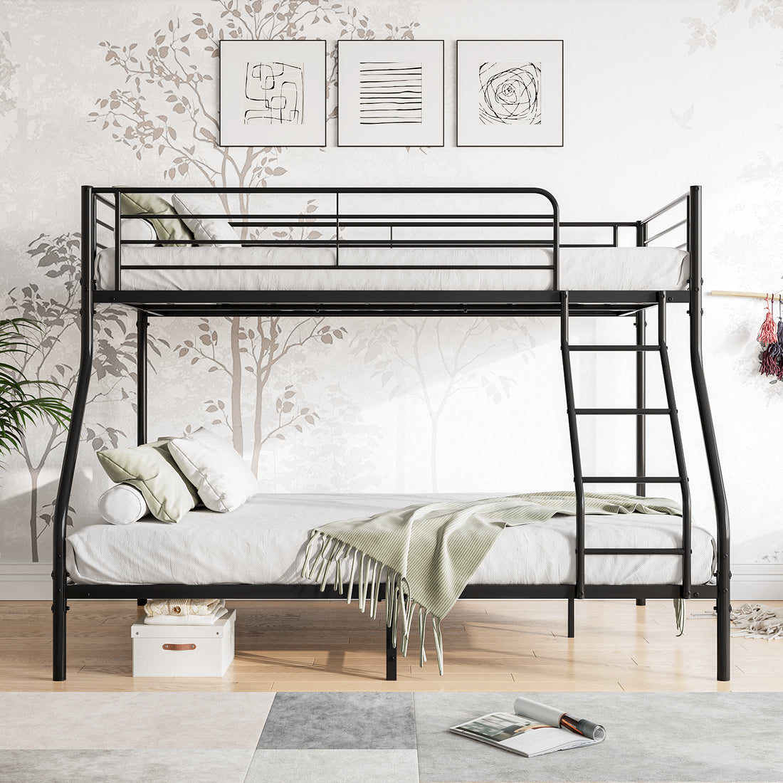 Heavy Duty Twin Over Full Metal Bunk Bed, Easy Assembly With Enhanced Upper Level Guardrail, Black Black Metal