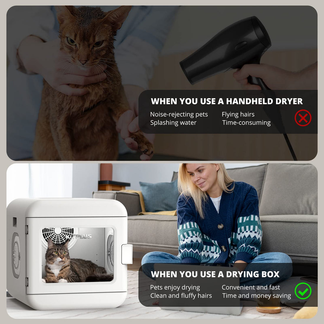 Pet Hair Dryer Box, Ultra Quiet Blow Dryer 6L Capacity For Cats And Small Dogs, Professional Fast Drying Blower, Intelligent Control, Adjustable Temperature And Time, 360 Degree Warm Wind White Stainless Steel