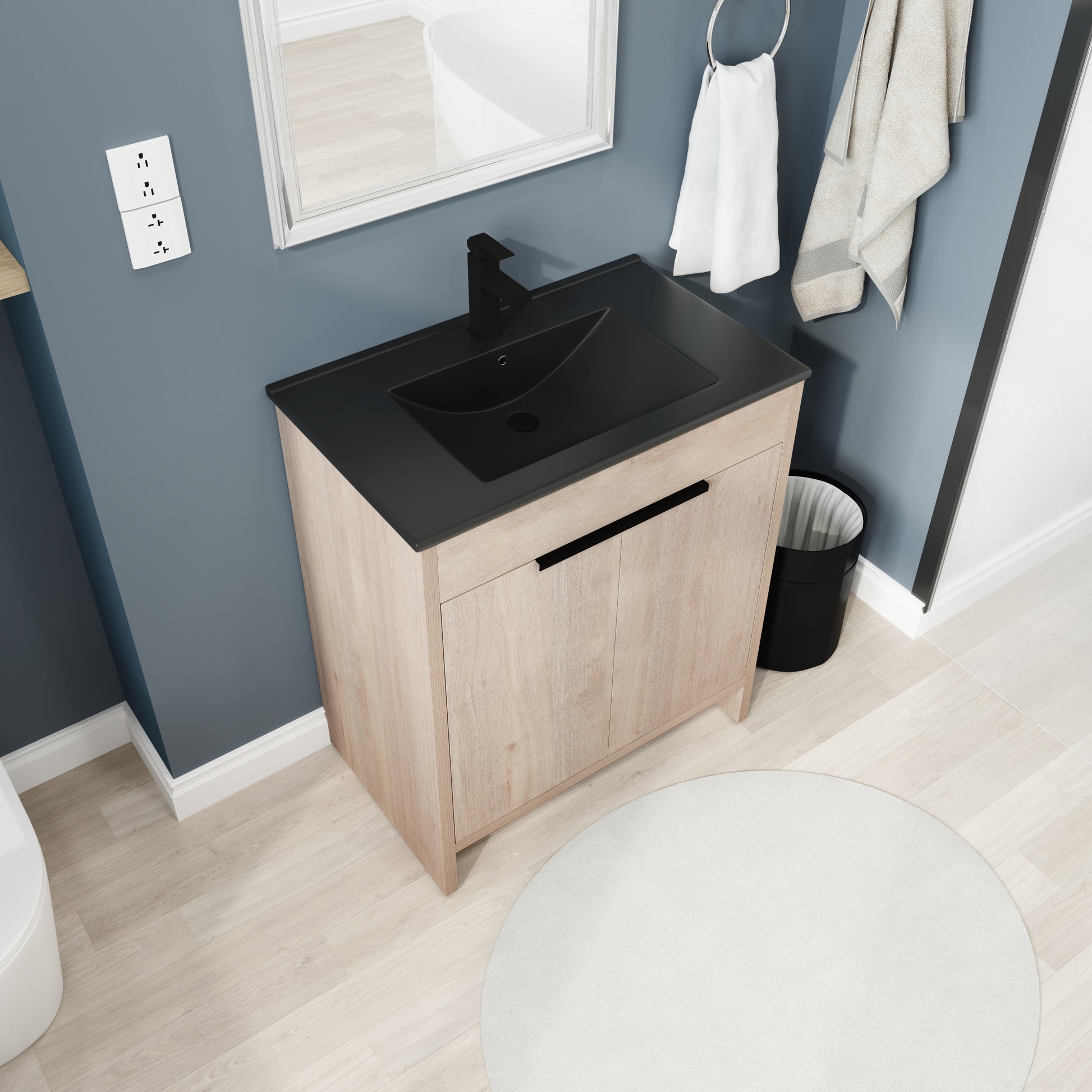 30 Inch Freestanding Bathroom Vanity With Black Ceramic Sink & 2 Soft Close Cabinet Doors Bvb02430Plo Bl9075Bk ,W1286S00019 Plain Light Oak 2 Bathroom Freestanding Modern Plywood