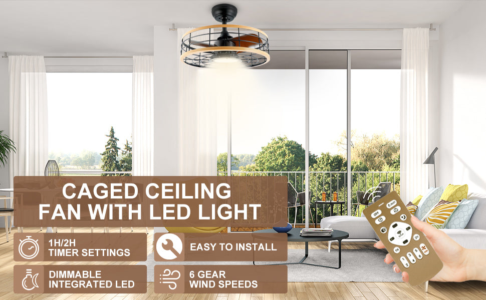 Infinipower 16'' Ceiling Fans With Lights And Remote, Caged Ceiling Fan With Reversible Motor For Different Seasons, Quiet And Energy Saving, 6 Level Speeds Brown Wood