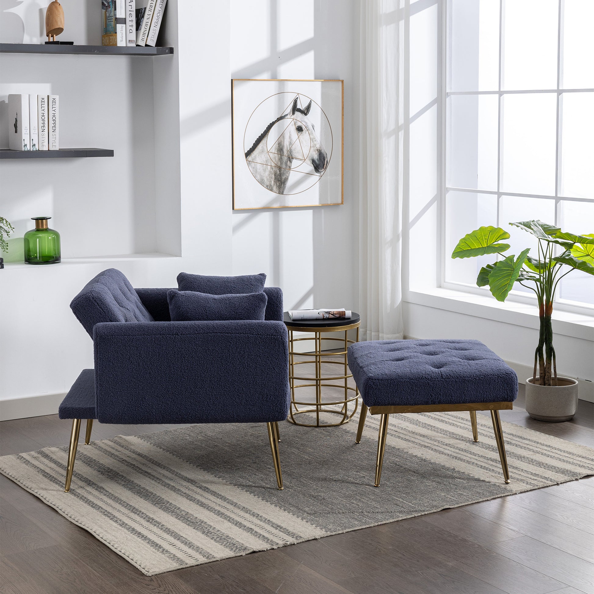 36.61'' Wide Modern Accent Chair With 3 Positions Adjustable Backrest, Tufted Chaise Lounge Chair, Single Recliner Armchair With Ottoman And Gold Legs For Living Room, Bedroom Navy Navy Foam Sherpa