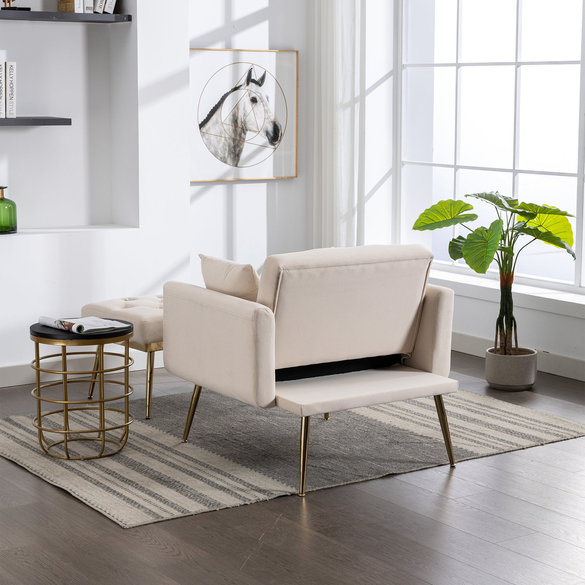 36.61'' Wide Modern Accent Chair With 3 Positions Adjustable Backrest, Tufted Chaise Lounge Chair, Single Recliner Armchair With Ottoman And Gold Legs For Living Room, Bedroom Beige Beige Foam Velvet