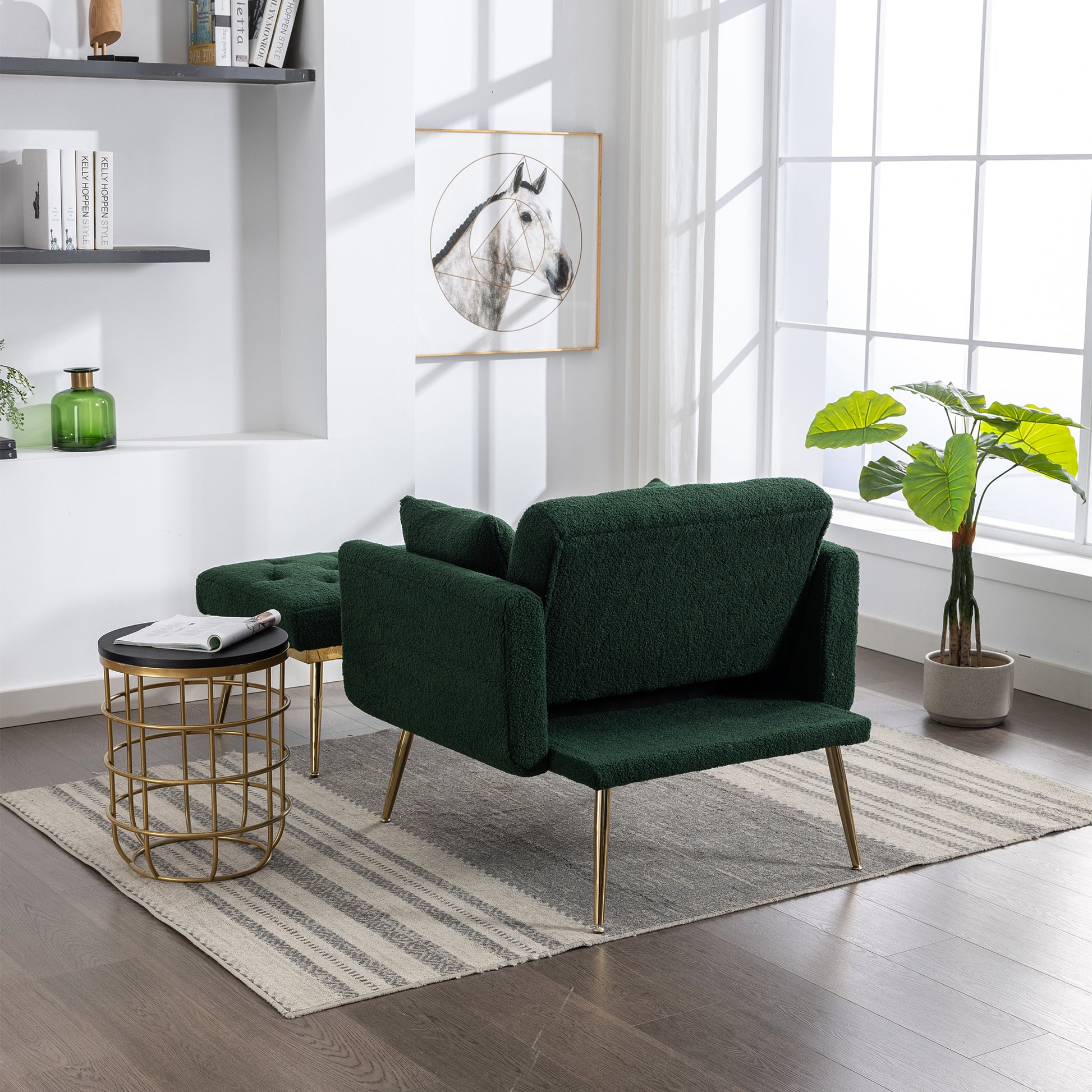 36.61'' Wide Modern Accent Chair With 3 Positions Adjustable Backrest, Tufted Chaise Lounge Chair, Single Recliner Armchair With Ottoman And Gold Legs For Living Room, Bedroom Green Green Foam Sherpa