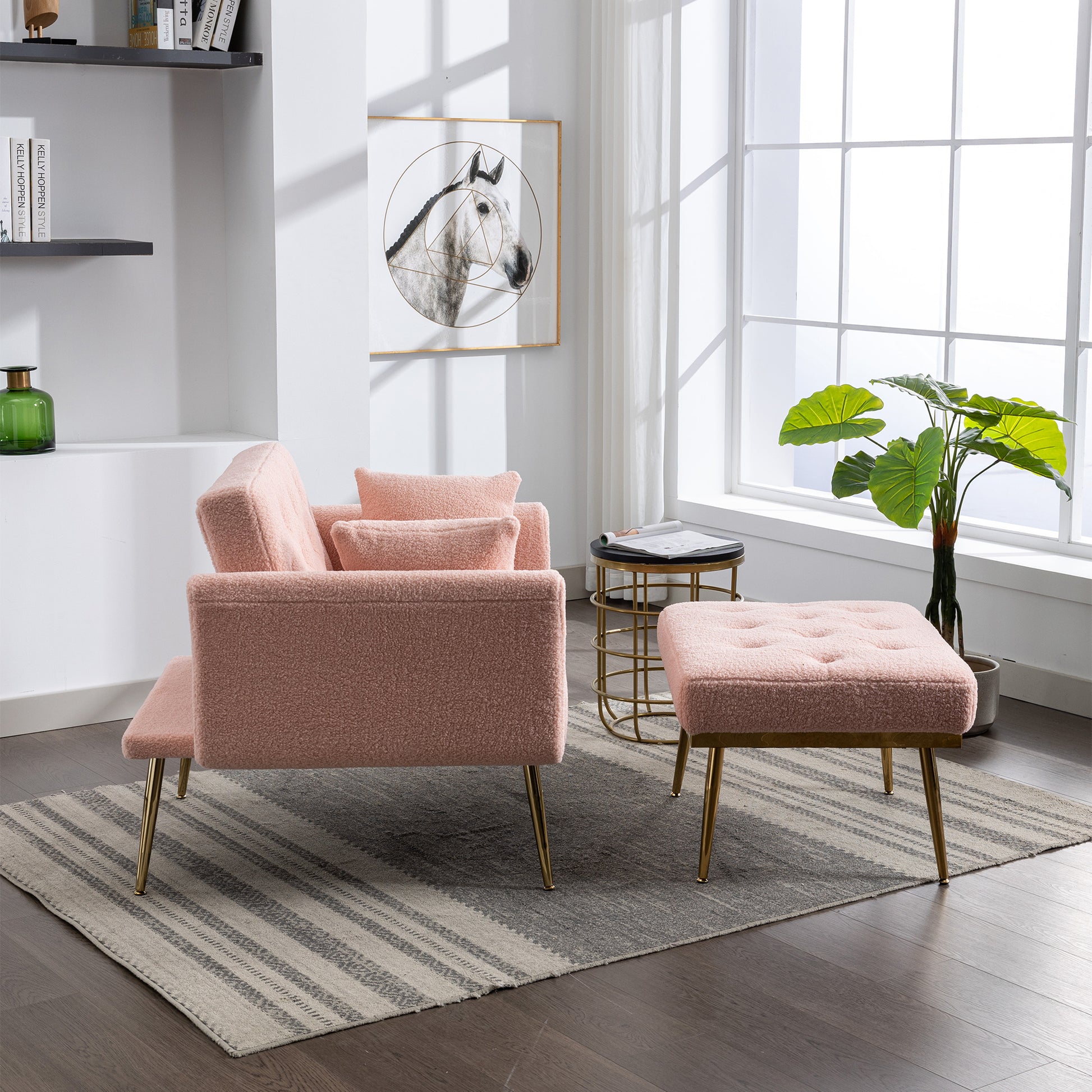 36.61'' Wide Modern Accent Chair With 3 Positions Adjustable Backrest, Tufted Chaise Lounge Chair, Single Recliner Armchair With Ottoman And Gold Legs For Living Room, Bedroom Pink Pink Foam Sherpa