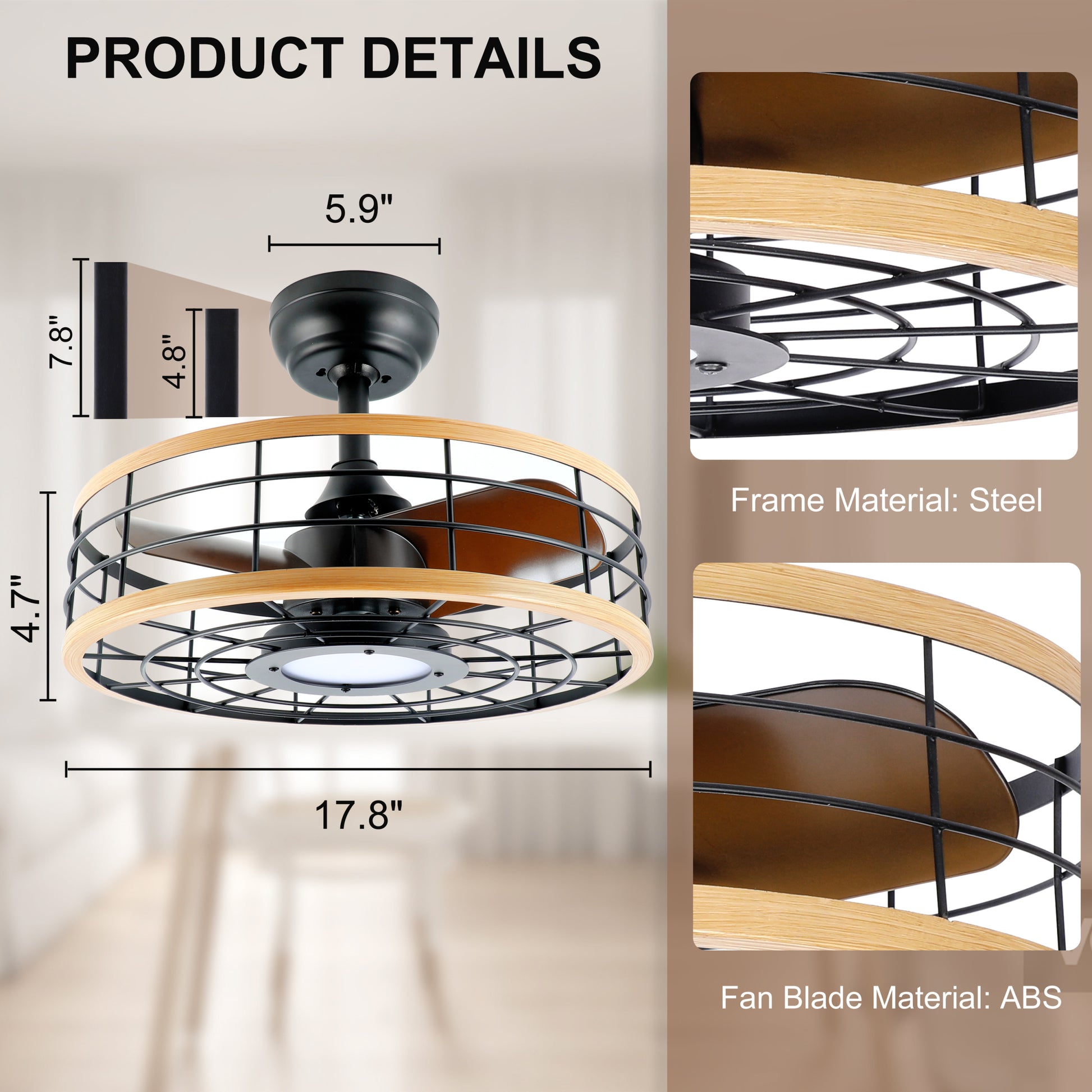 Infinipower 16'' Ceiling Fans With Lights And Remote, Caged Ceiling Fan With Reversible Motor For Different Seasons, Quiet And Energy Saving, 6 Level Speeds Brown Wood