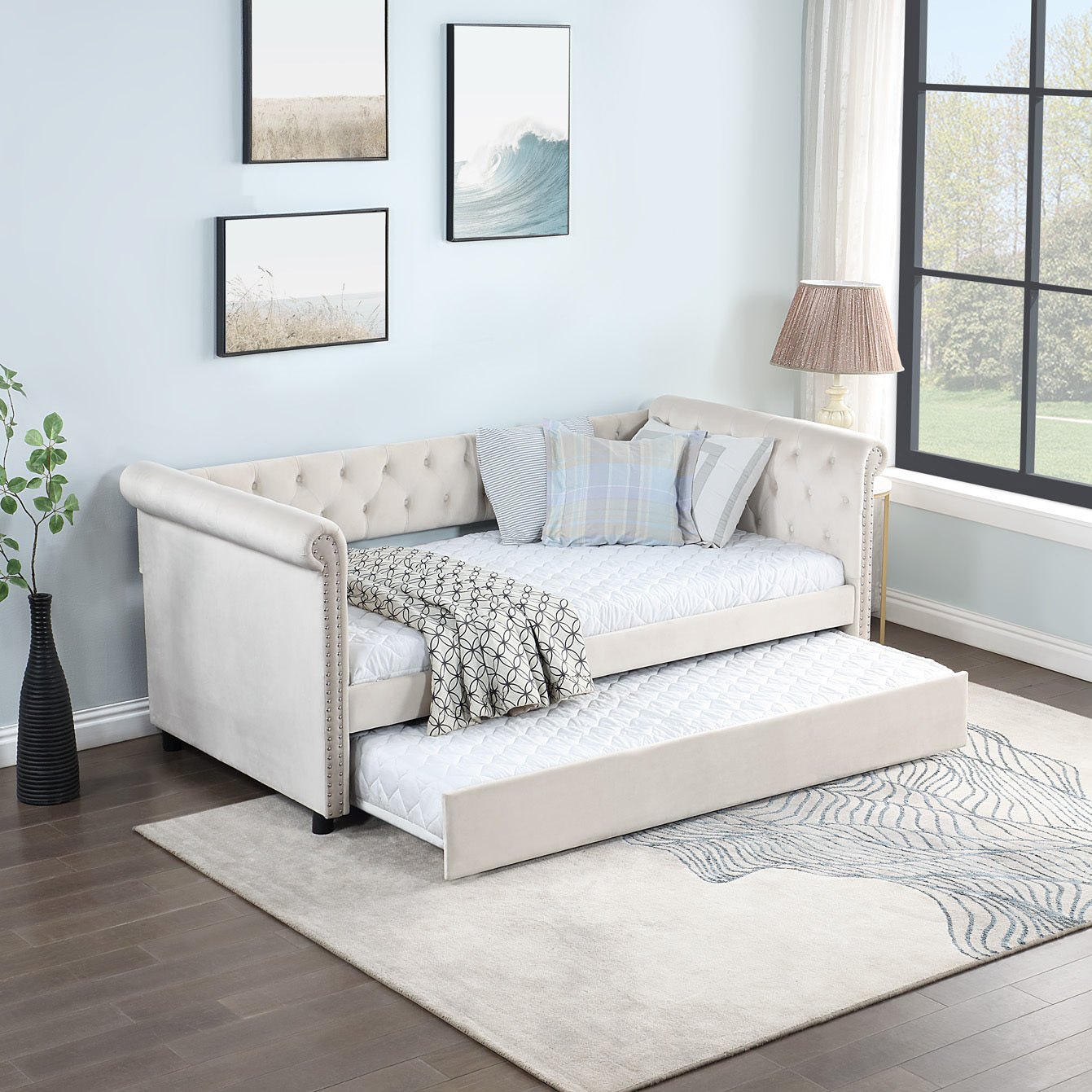 Daybed With Trundle Upholstered Tufted Sofa Bed, With Beautiful Round Armset Design, Twin Size, Beige Beige Solid Wood