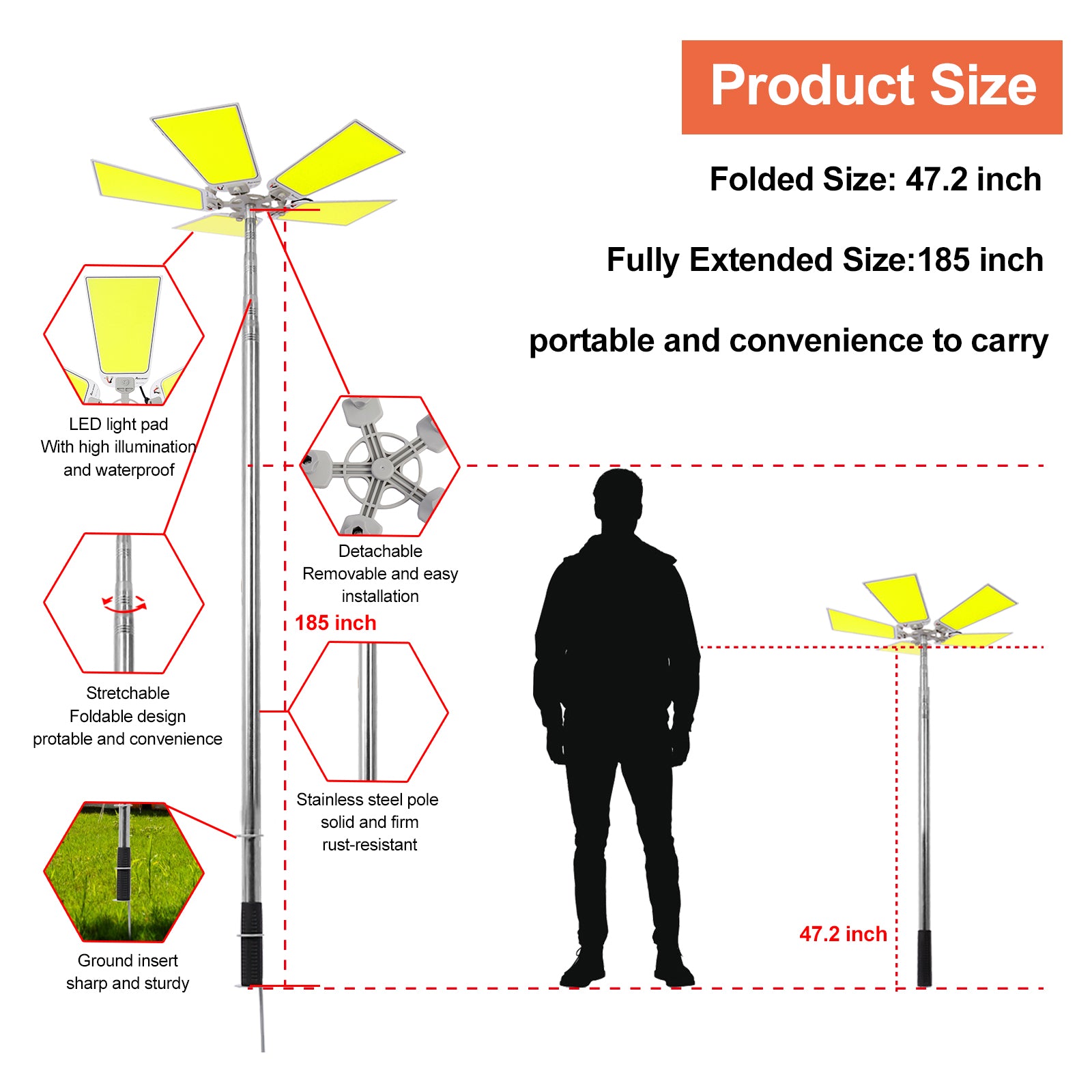 15000Lm Led Telescopic Camping Lights Portable Outdoor Camping Light Telescoping Pole Fishing Light At Night Flood Light Super Bright Emergency Light Backyard Lighting Black Metal
