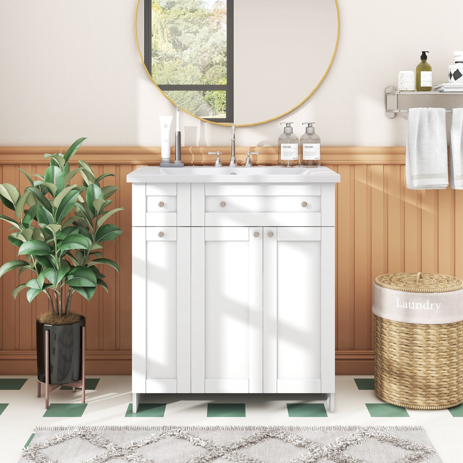 30 Inch White Bathroom Vanity With Ceramic Sink Combo, Abundant Storage Cabinet 2 Soft Close Doors And Double Tier Deep Drawer White Bathroom Mdf